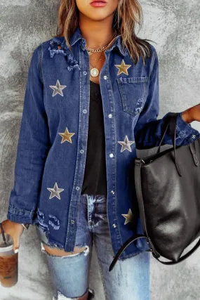 Blue Star Embroidery Distressed Denim Shacket