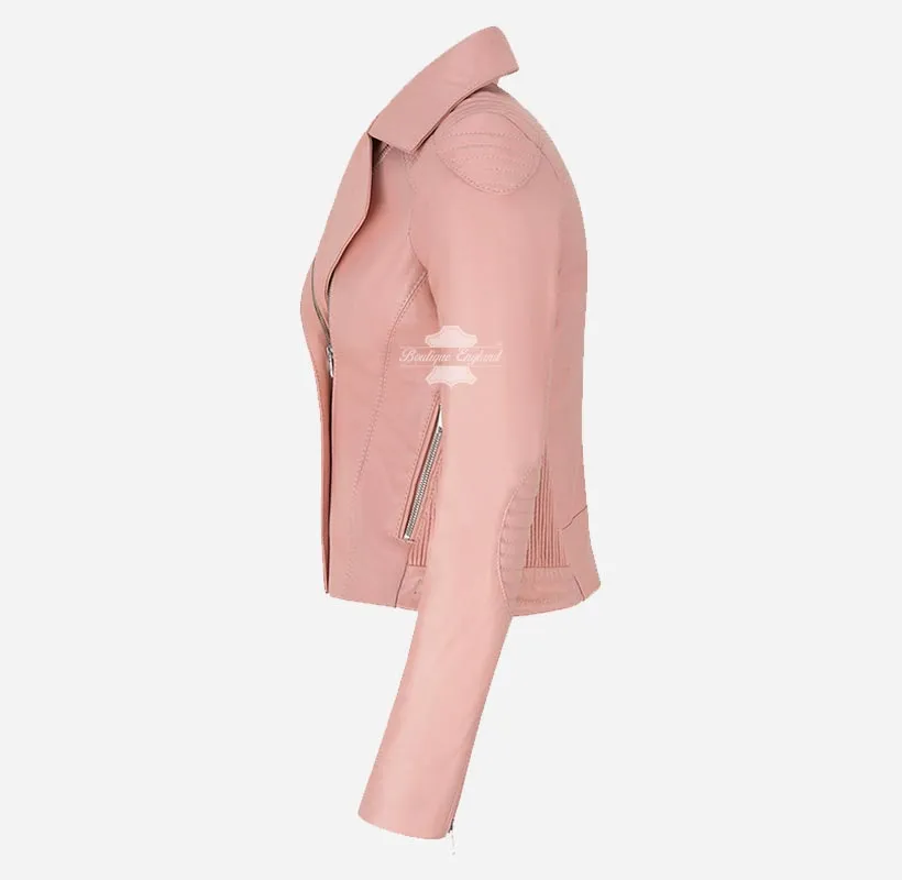 BLUSH BREEZE Soft Pink Lamb Napa Leather Biker Jacket