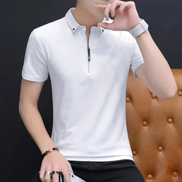 BROWON Mens T-shirt Cotton Short Sleeve Turn-down Collar Korean Style