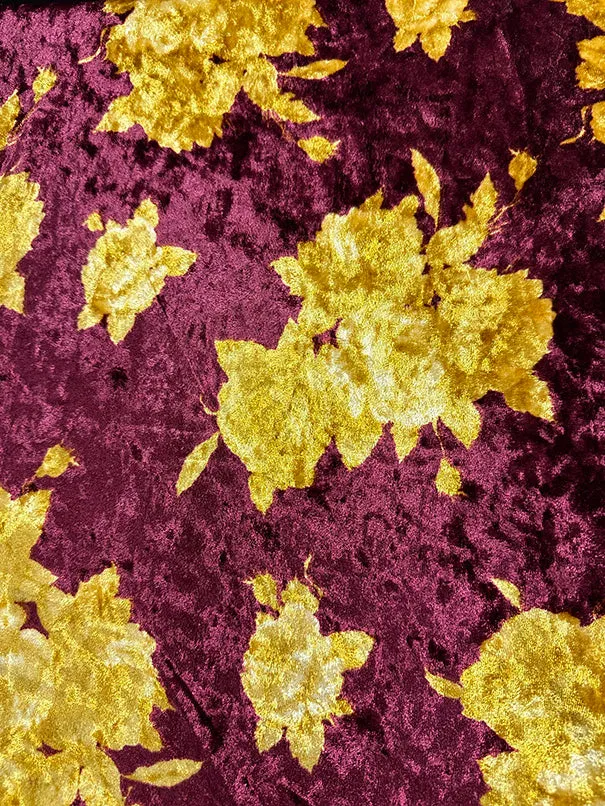 Burgundy and Gold Floral Print Stretch Panne Velour Fabric