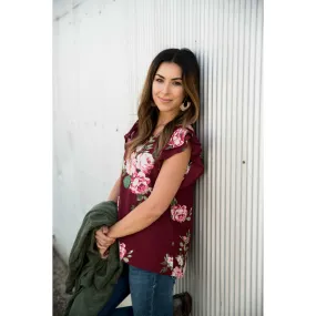 Burgundy Floral Flutter Blouse