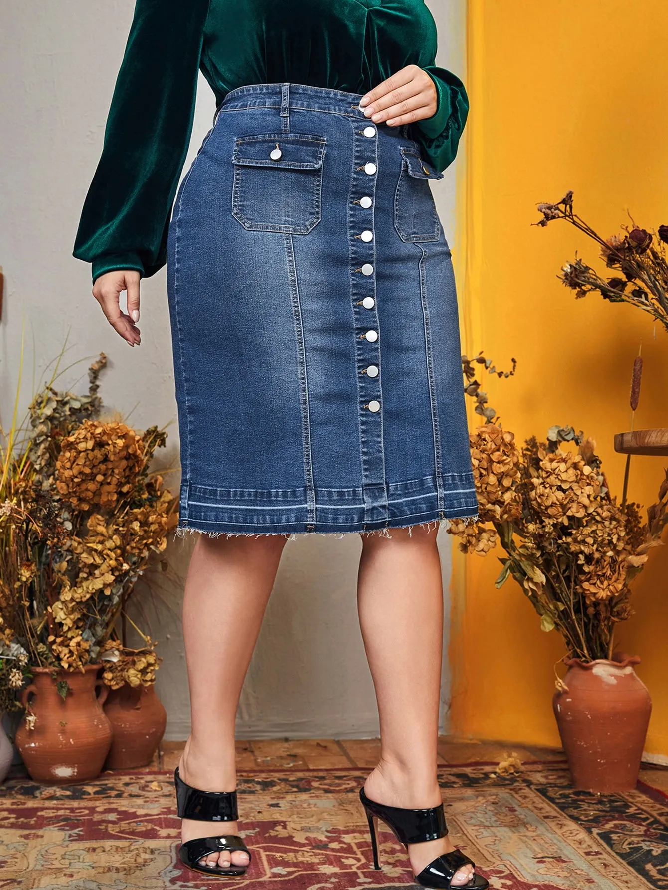 Button Front High Waist Knee Length Plus Size Denim Skirt