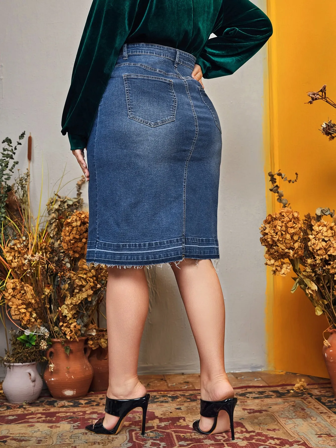 Button Front High Waist Knee Length Plus Size Denim Skirt