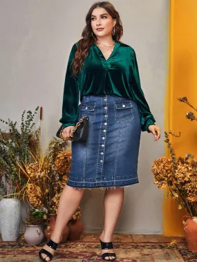 Button Front High Waist Knee Length Plus Size Denim Skirt