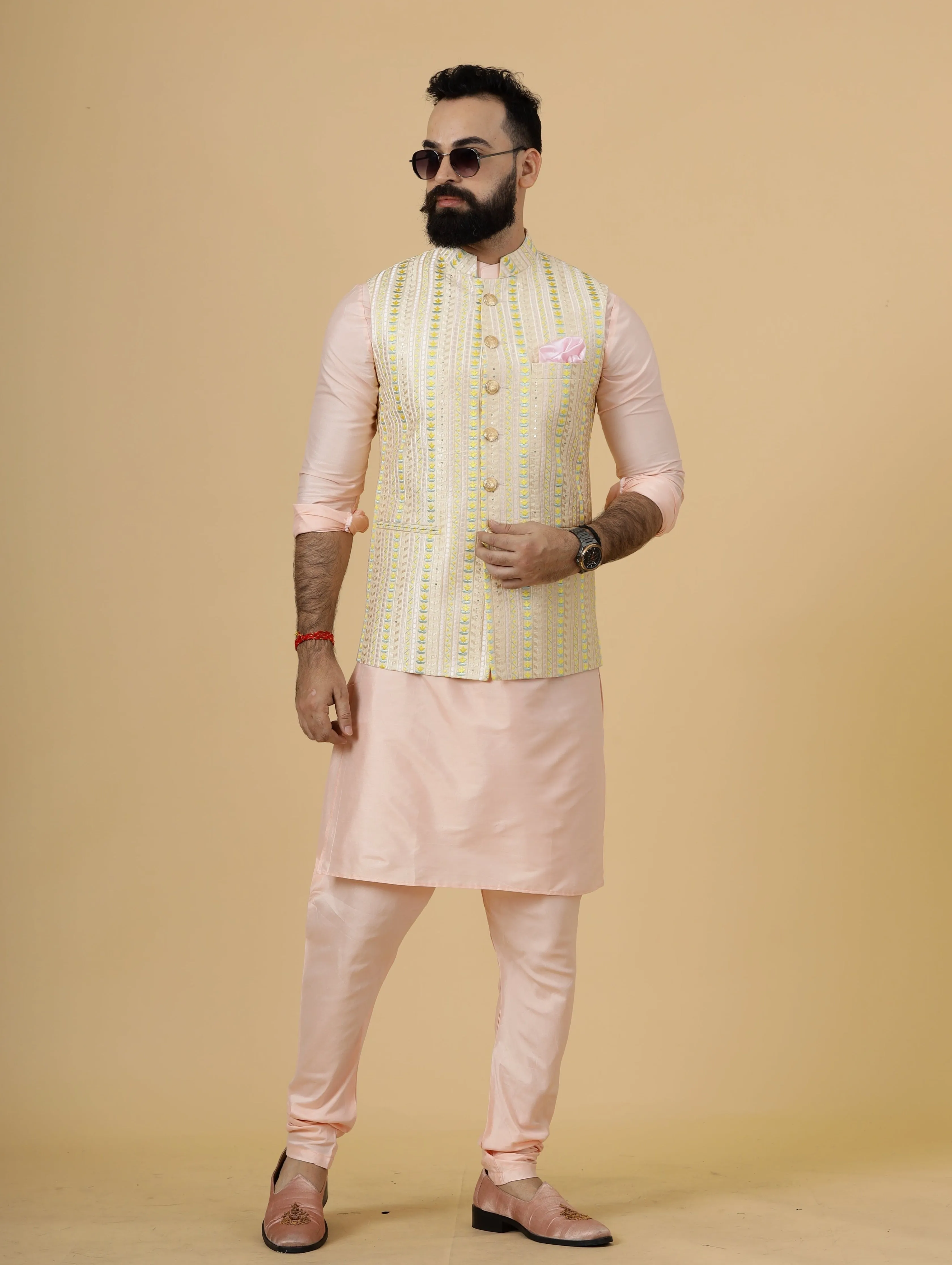 Classic Cream Vertical Pattern Thread Embroidered Silk Half Jodhpuri Jacket with Peach Kurta-Pajama for Men