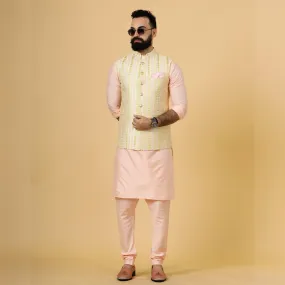 Classic Cream Vertical Pattern Thread Embroidered Silk Half Jodhpuri Jacket with Peach Kurta-Pajama for Men