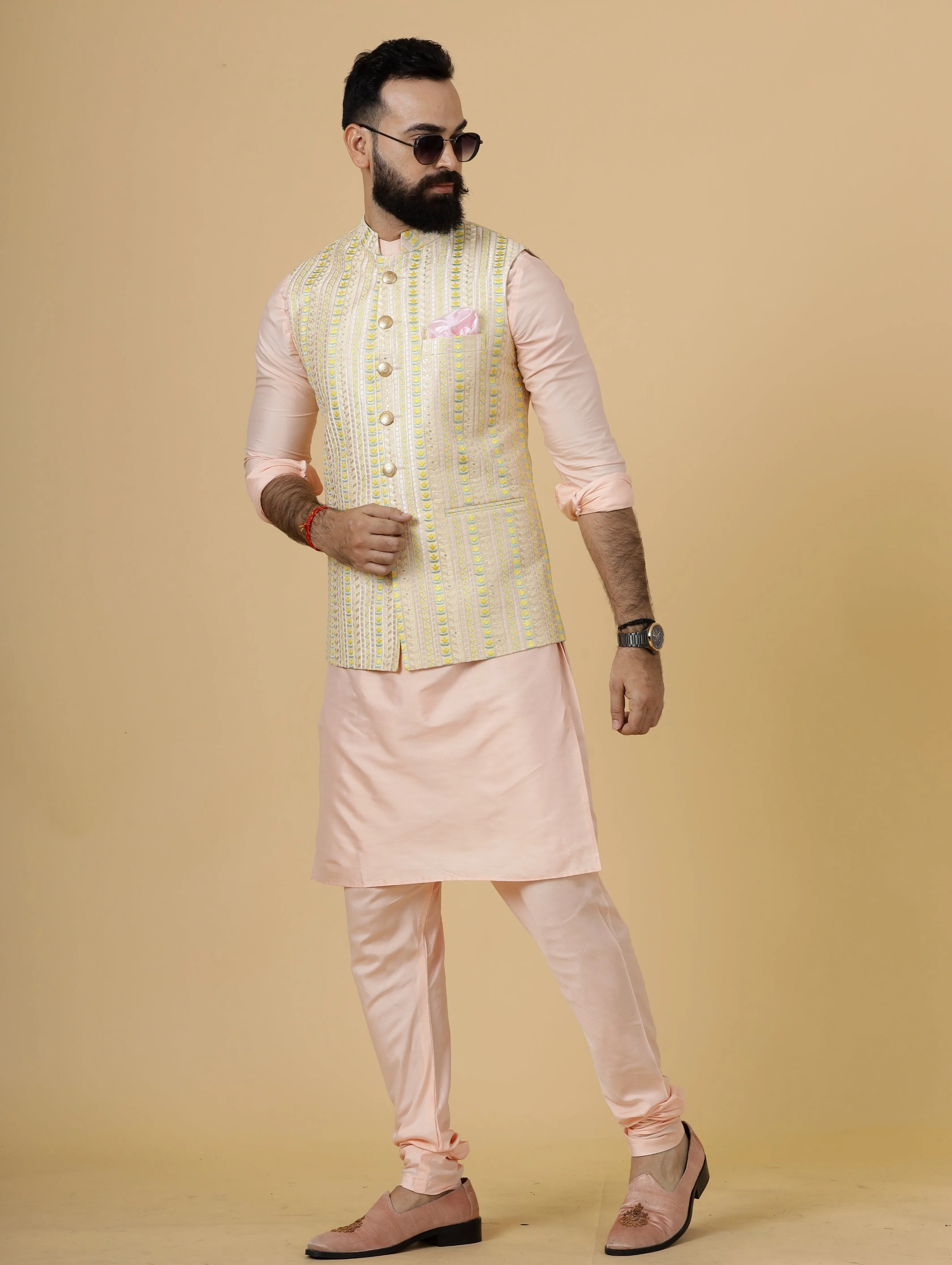 Classic Cream Vertical Pattern Thread Embroidered Silk Half Jodhpuri Jacket with Peach Kurta-Pajama for Men