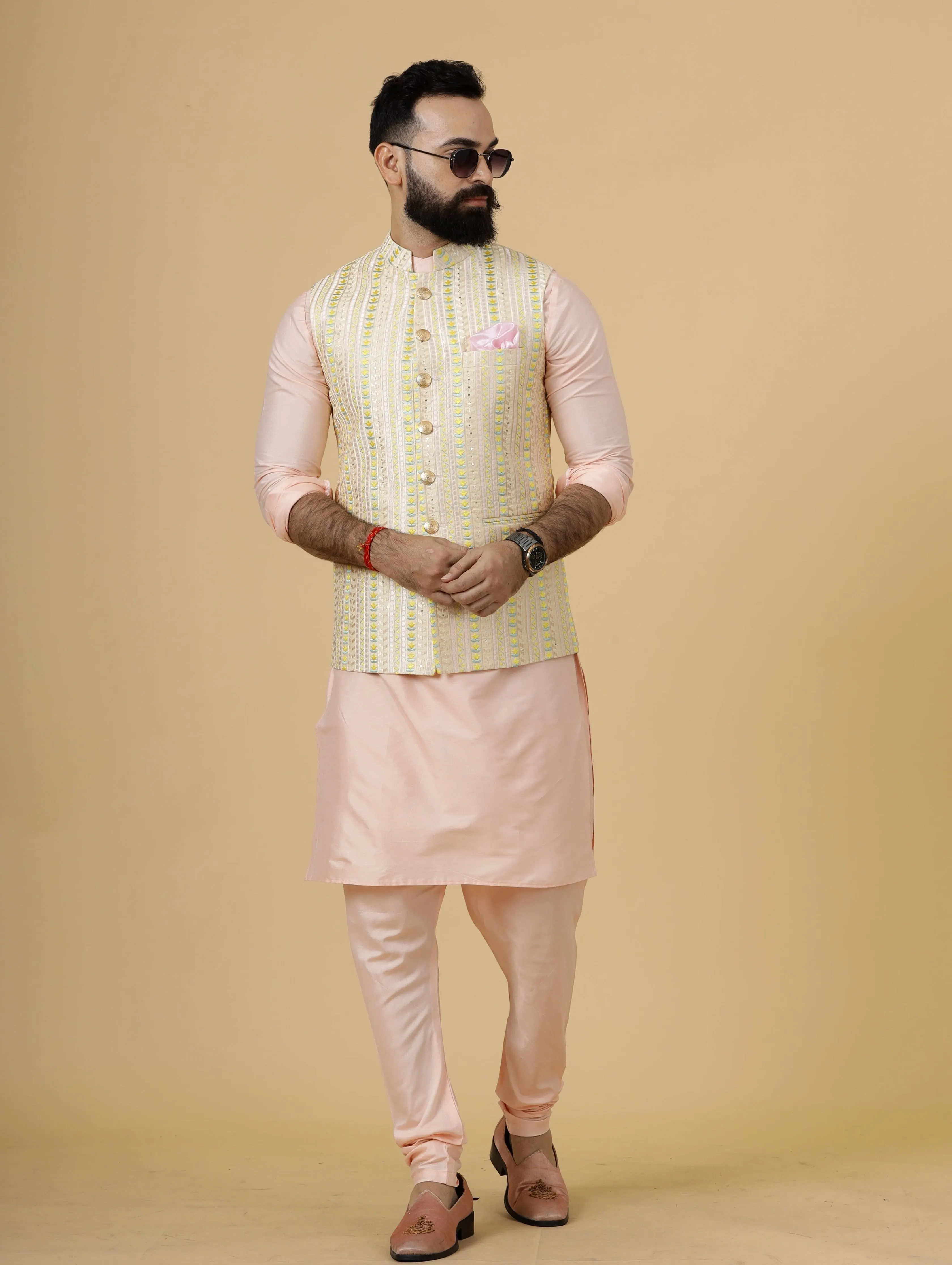 Classic Cream Vertical Pattern Thread Embroidered Silk Half Jodhpuri Jacket with Peach Kurta-Pajama for Men