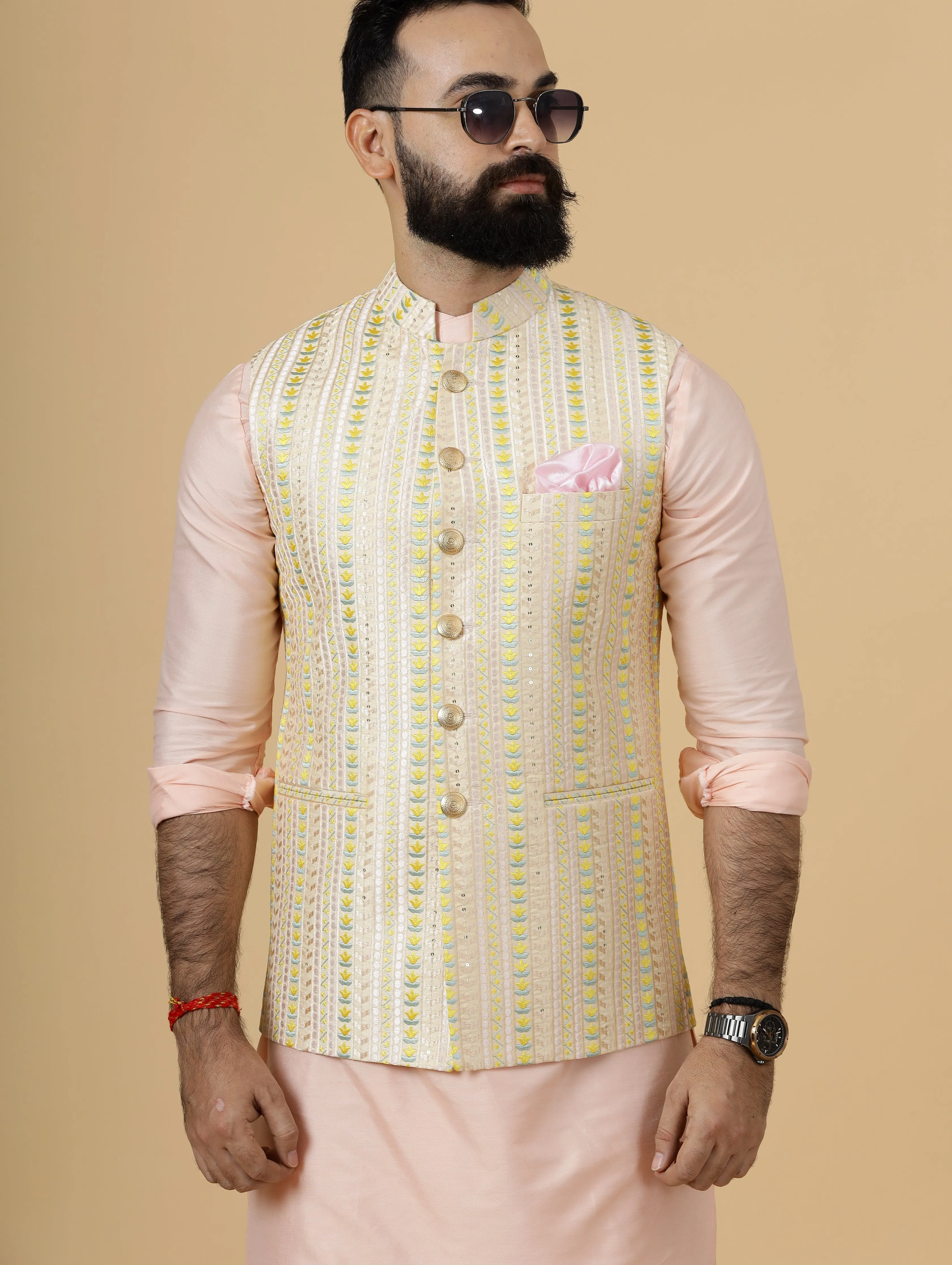 Classic Cream Vertical Pattern Thread Embroidered Silk Half Jodhpuri Jacket with Peach Kurta-Pajama for Men