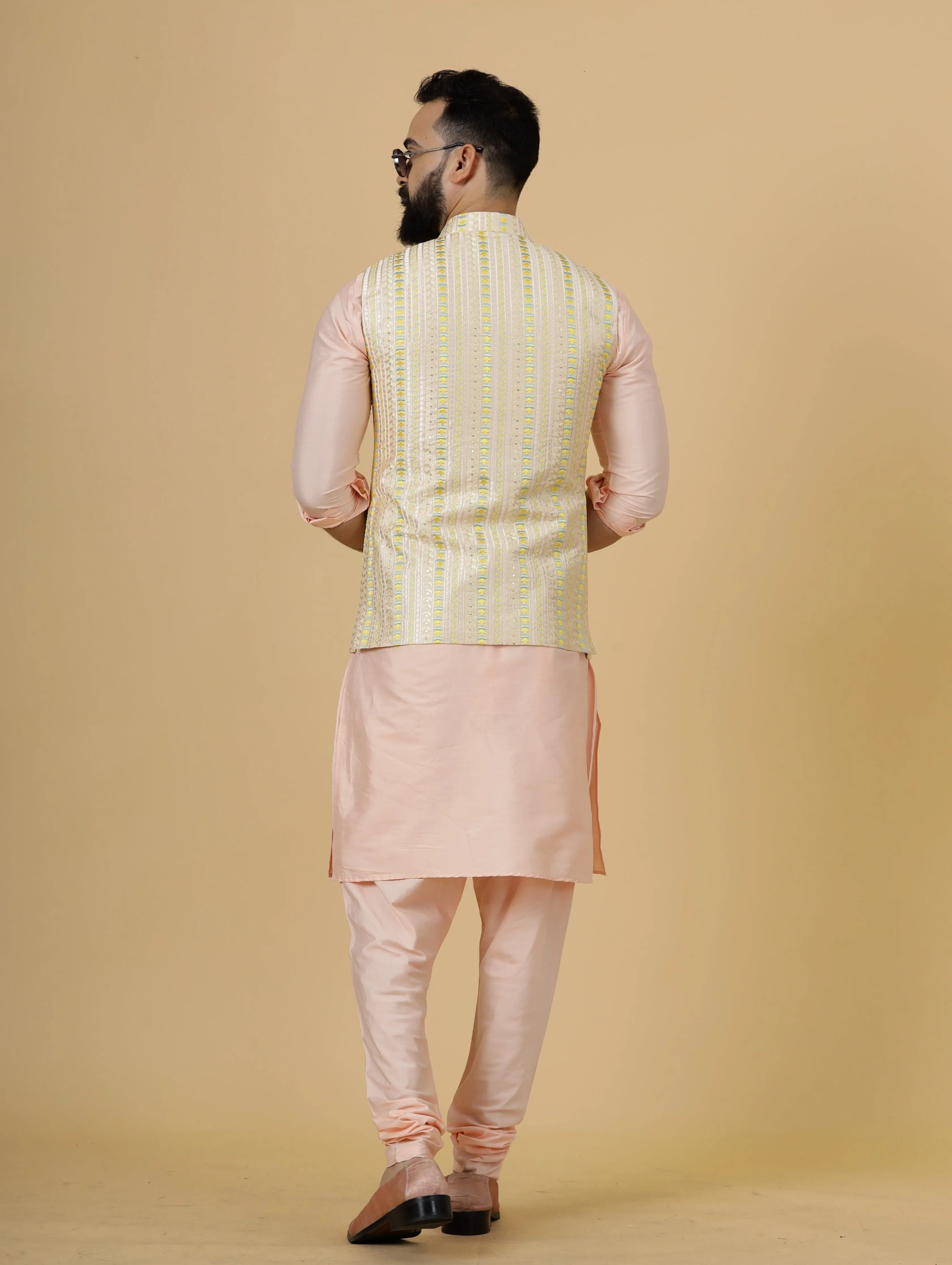 Classic Cream Vertical Pattern Thread Embroidered Silk Half Jodhpuri Jacket with Peach Kurta-Pajama for Men