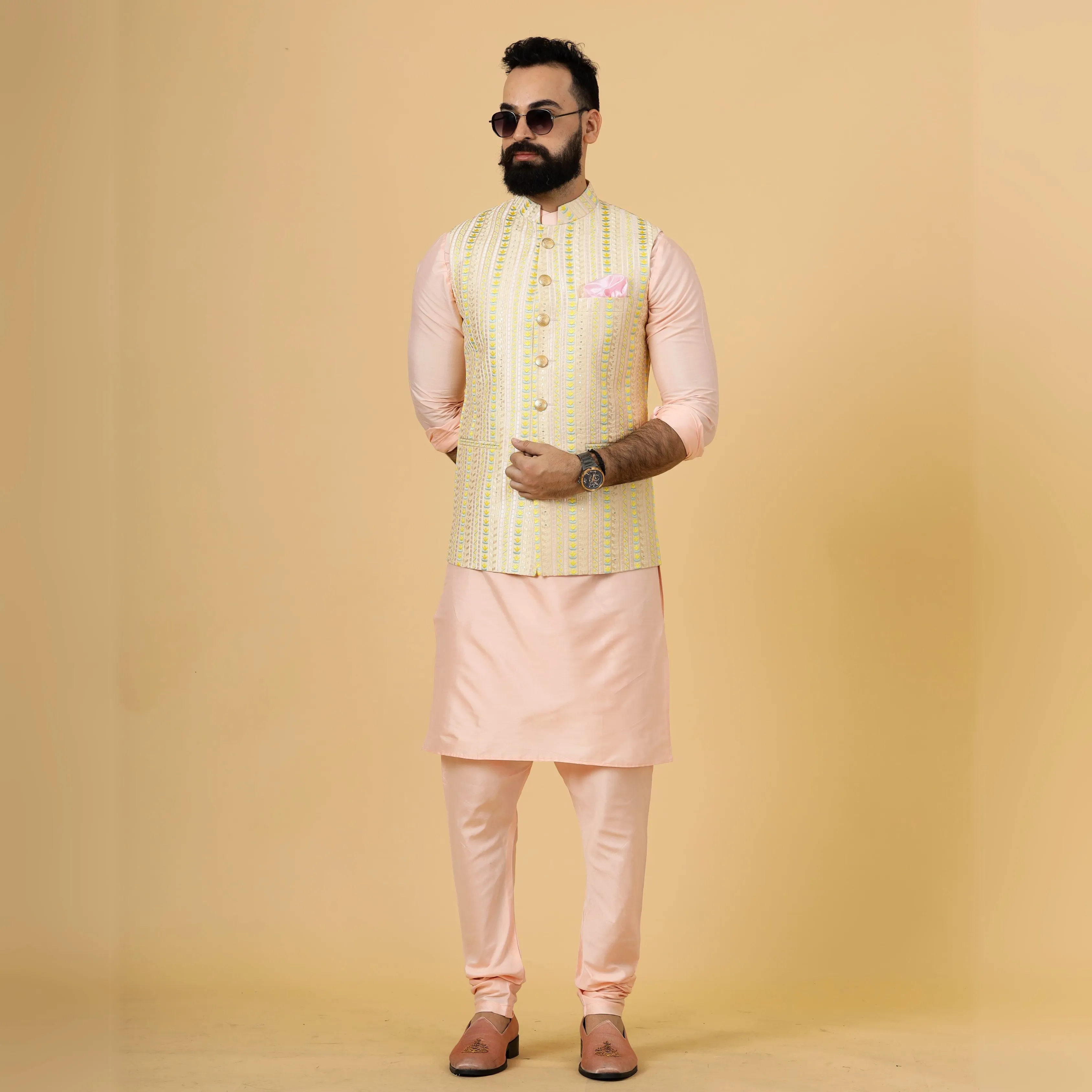 Classic Cream Vertical Pattern Thread Embroidered Silk Half Jodhpuri Jacket with Peach Kurta-Pajama for Men