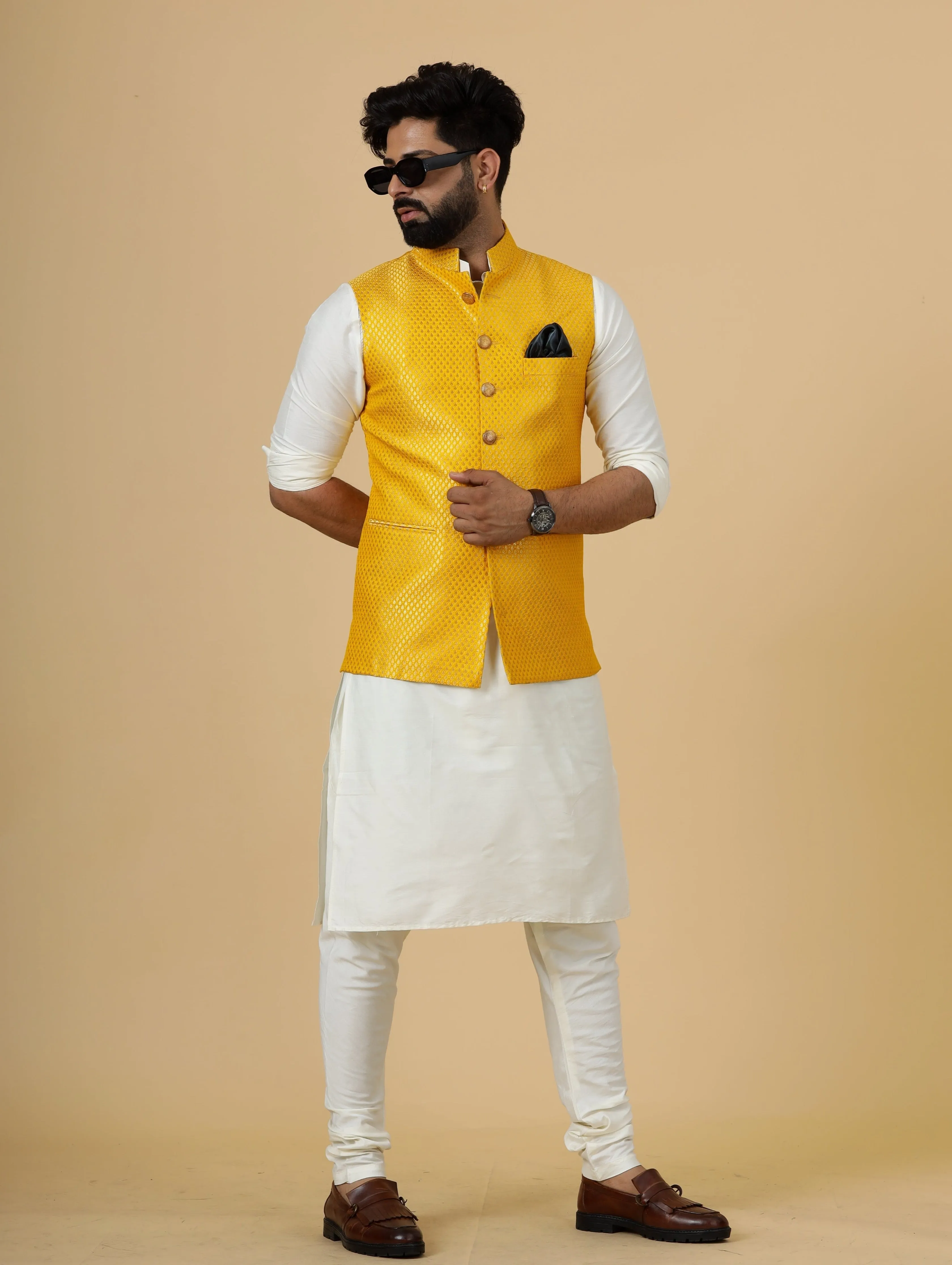 Classy Bright Yellow Brocade Silk Half Jodhpuri Jacket with Off-White Kurta-Pajama for Men