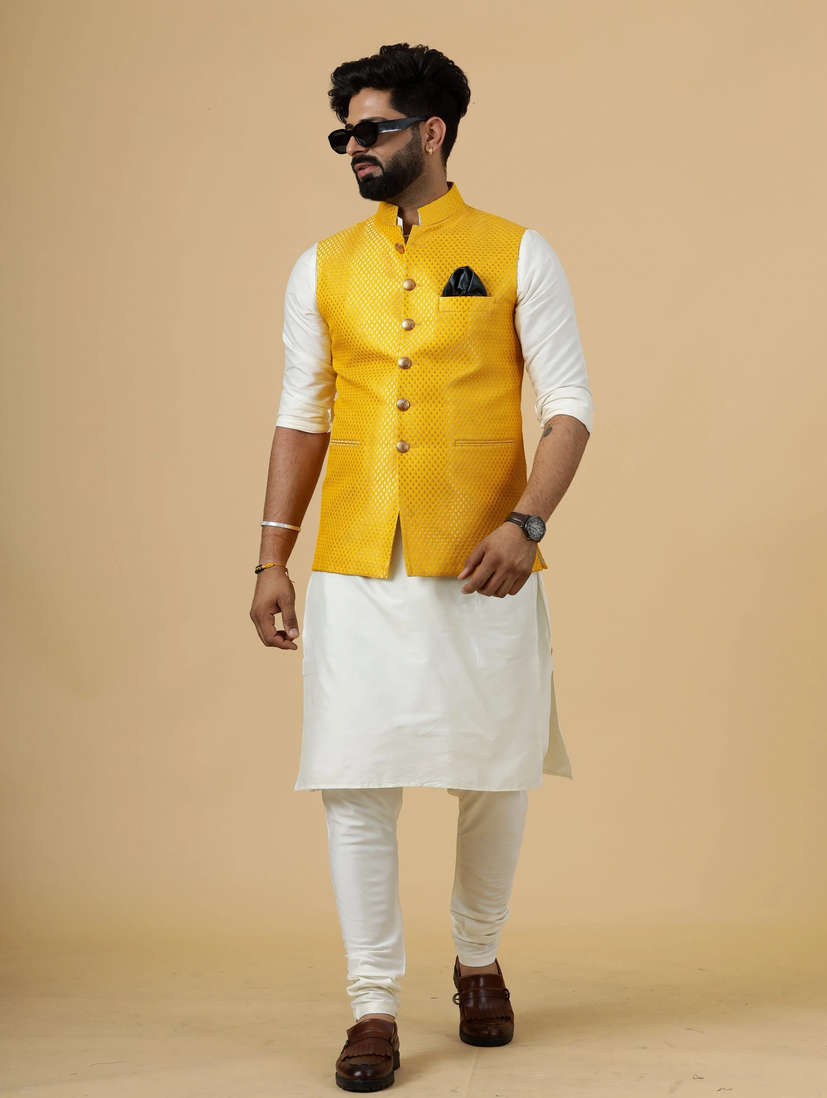 Classy Bright Yellow Brocade Silk Half Jodhpuri Jacket with Off-White Kurta-Pajama for Men