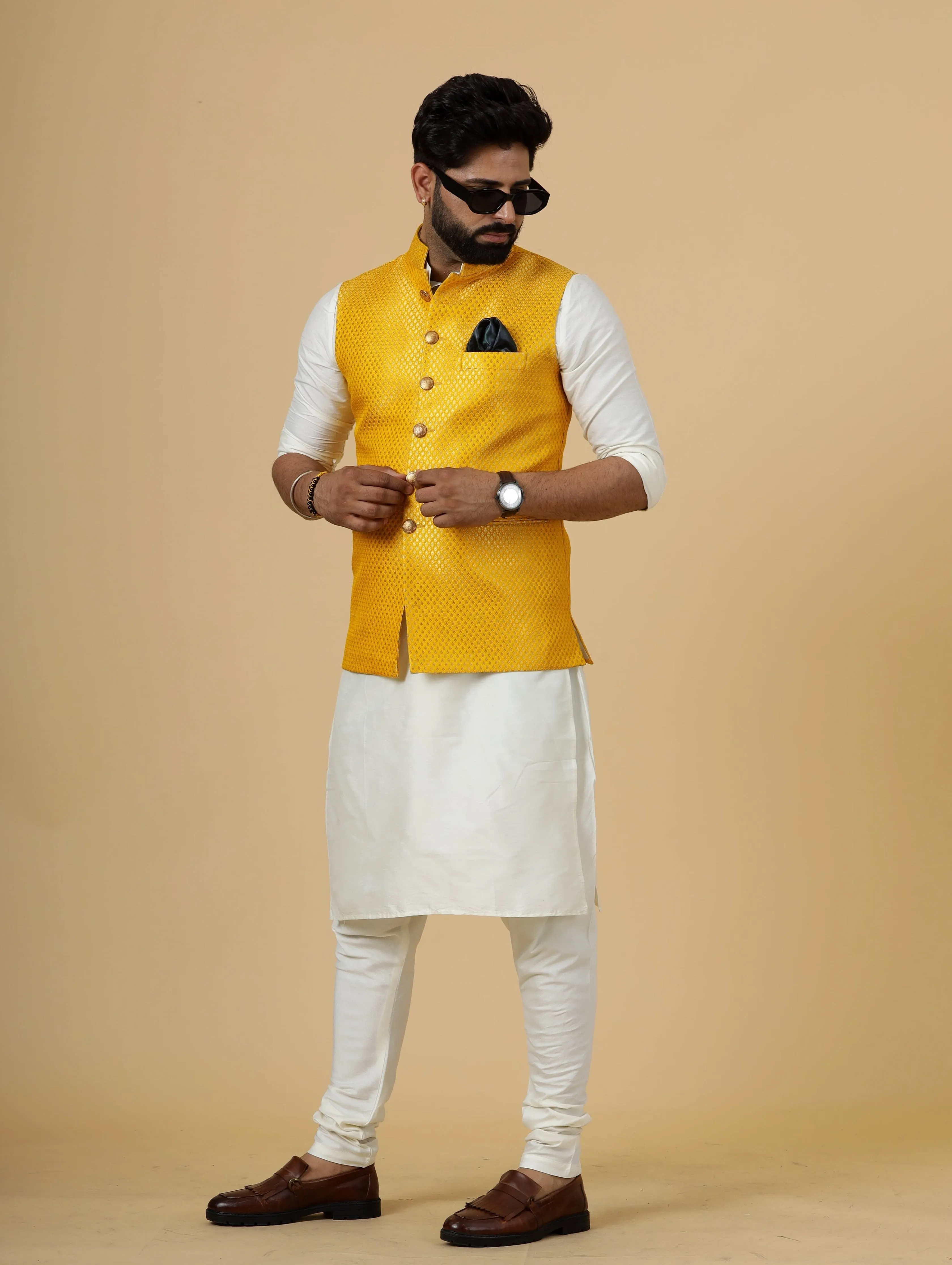 Classy Bright Yellow Brocade Silk Half Jodhpuri Jacket with Off-White Kurta-Pajama for Men