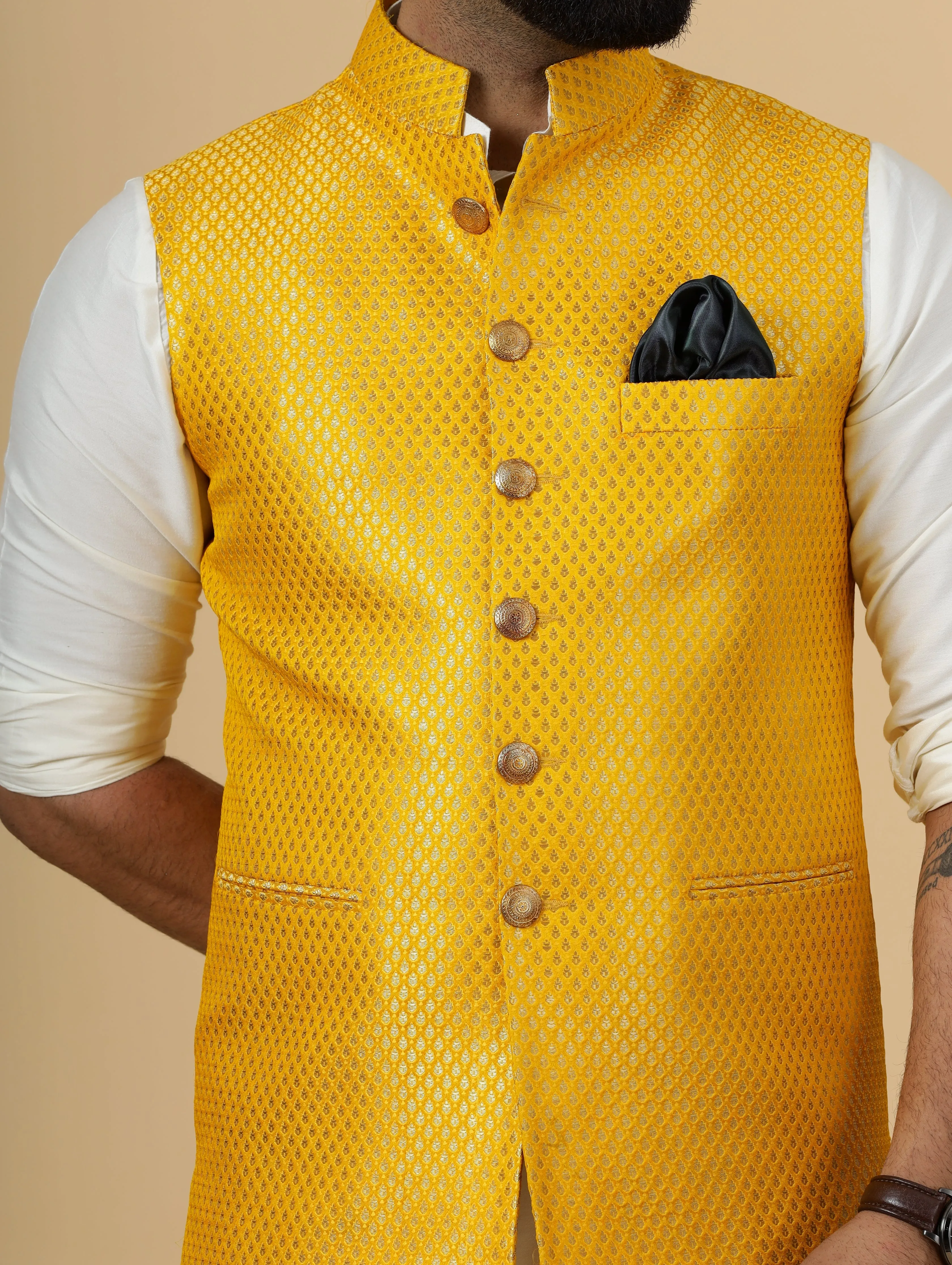 Classy Bright Yellow Brocade Silk Half Jodhpuri Jacket with Off-White Kurta-Pajama for Men