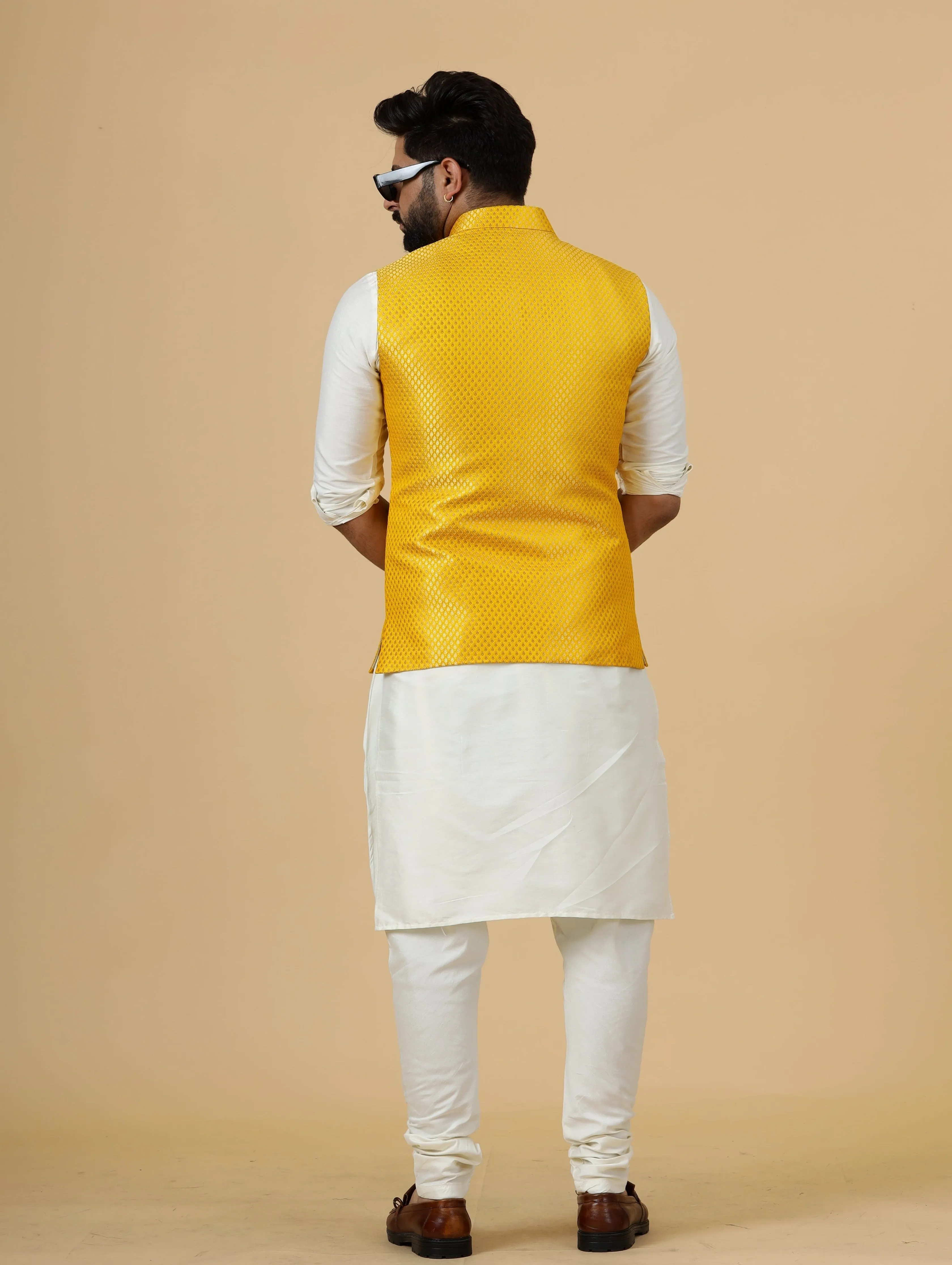 Classy Bright Yellow Brocade Silk Half Jodhpuri Jacket with Off-White Kurta-Pajama for Men