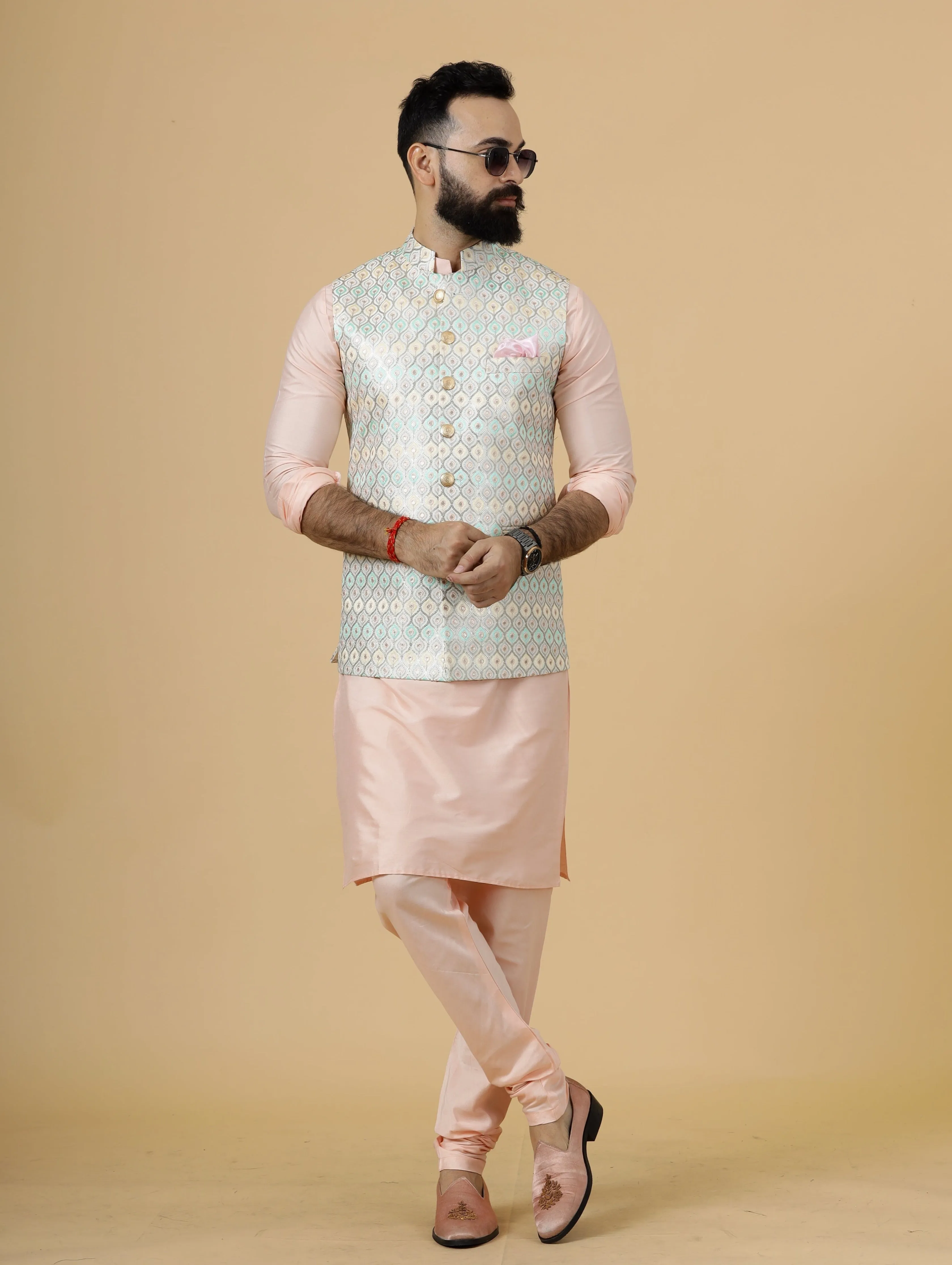 Classy Ivory Thread Embroidered Silk Half Jodhpuri Jacket with Peach Kurta-Pajama for Men