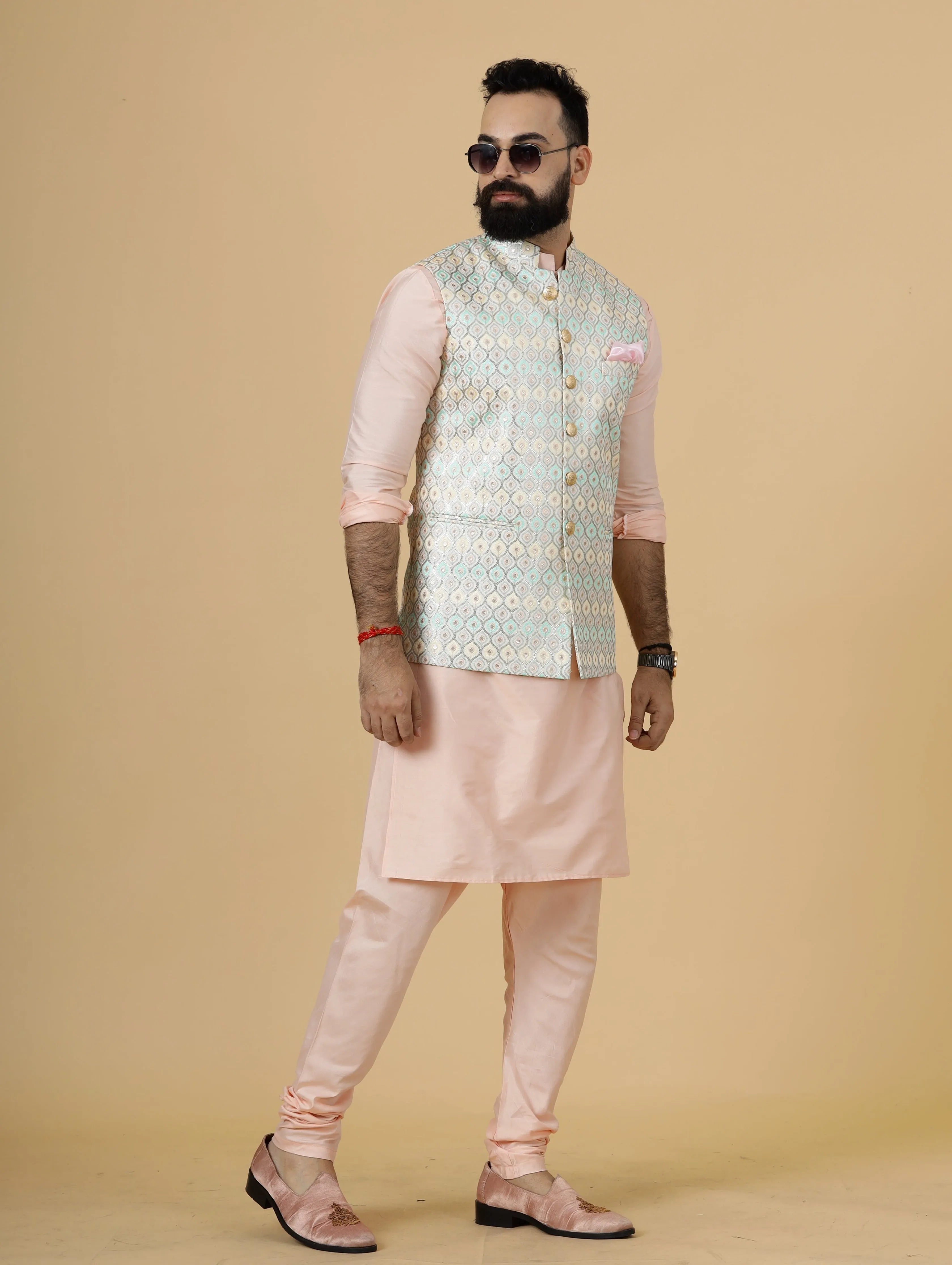 Classy Ivory Thread Embroidered Silk Half Jodhpuri Jacket with Peach Kurta-Pajama for Men