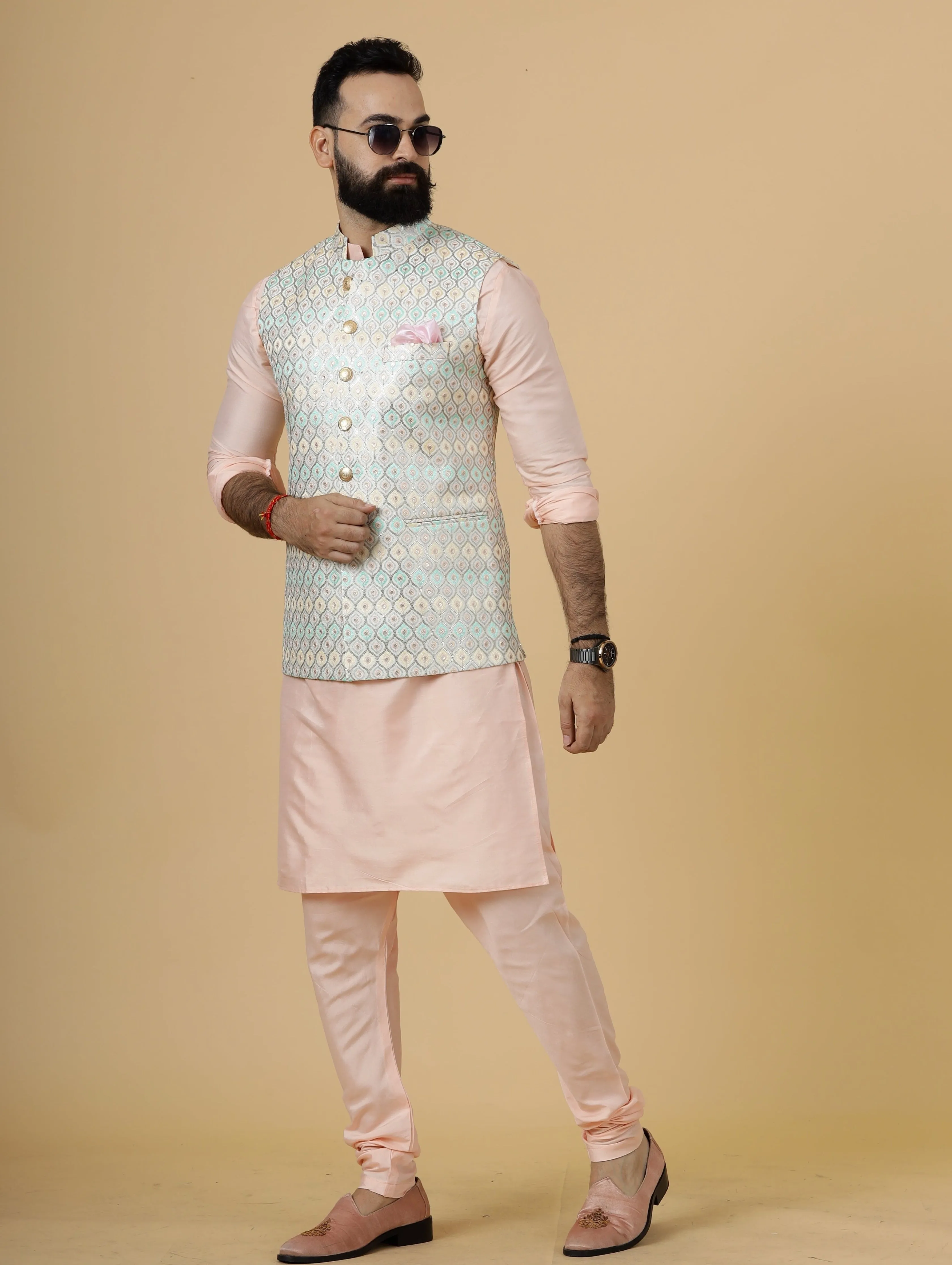 Classy Ivory Thread Embroidered Silk Half Jodhpuri Jacket with Peach Kurta-Pajama for Men