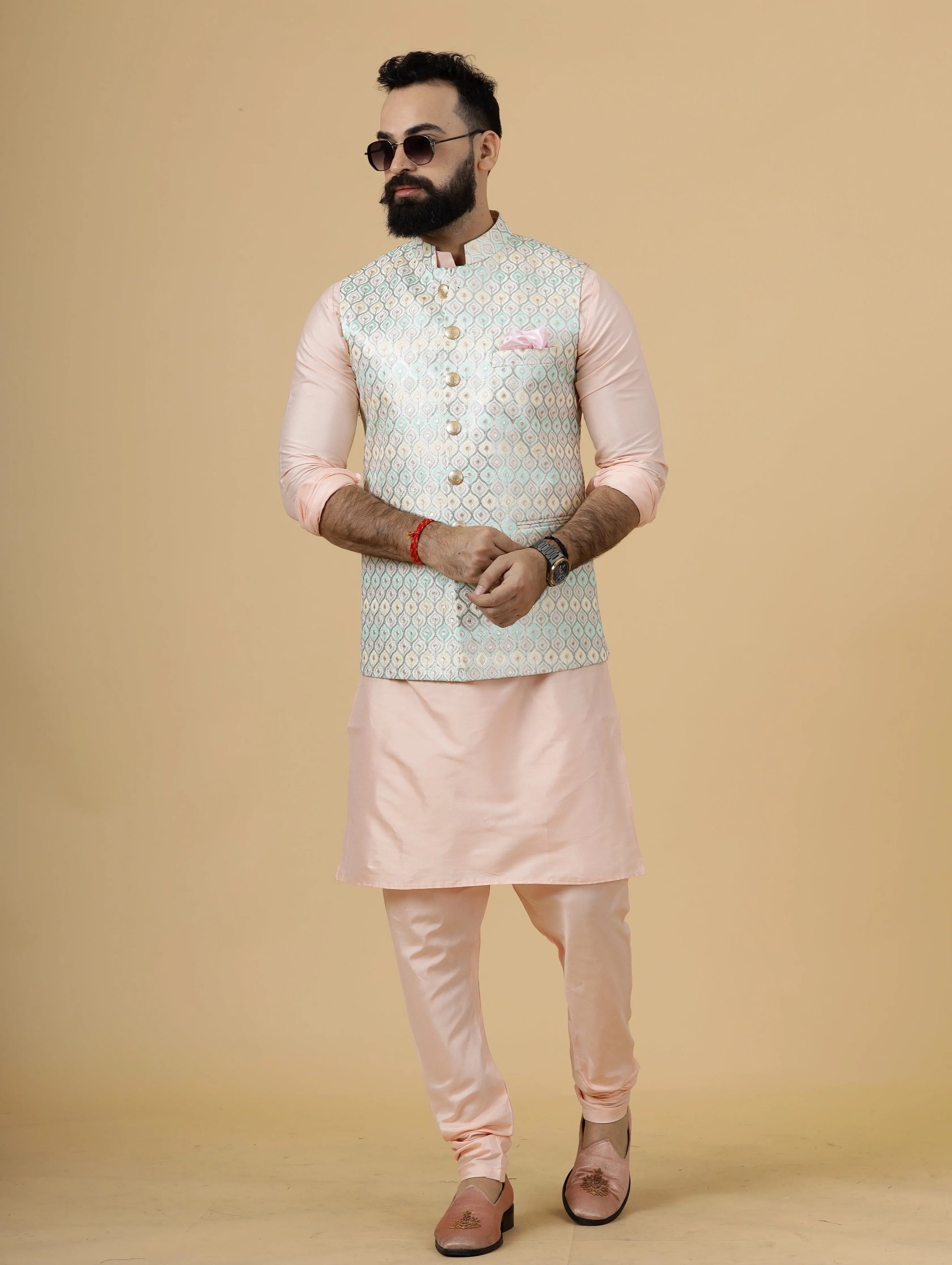 Classy Ivory Thread Embroidered Silk Half Jodhpuri Jacket with Peach Kurta-Pajama for Men