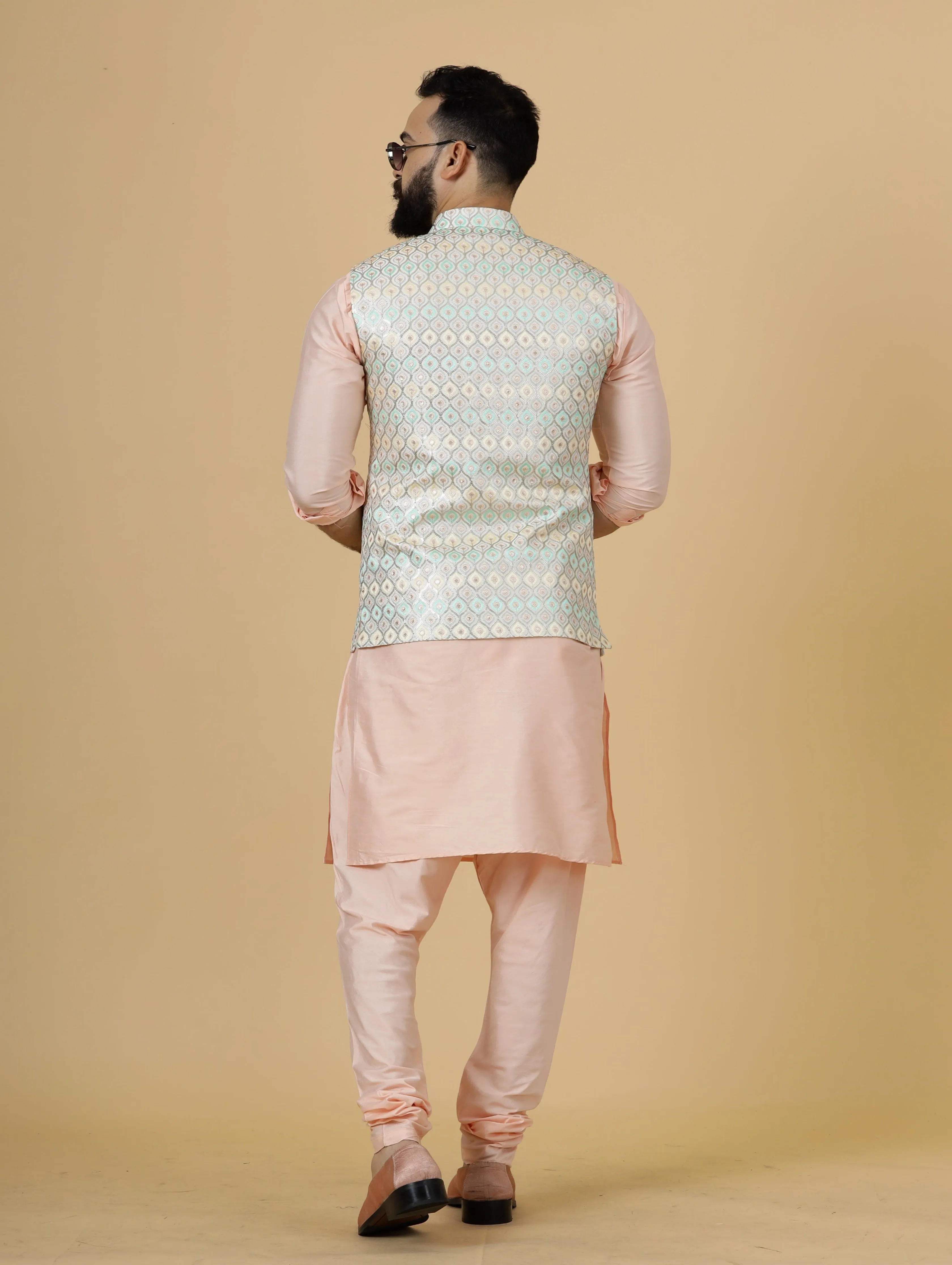 Classy Ivory Thread Embroidered Silk Half Jodhpuri Jacket with Peach Kurta-Pajama for Men