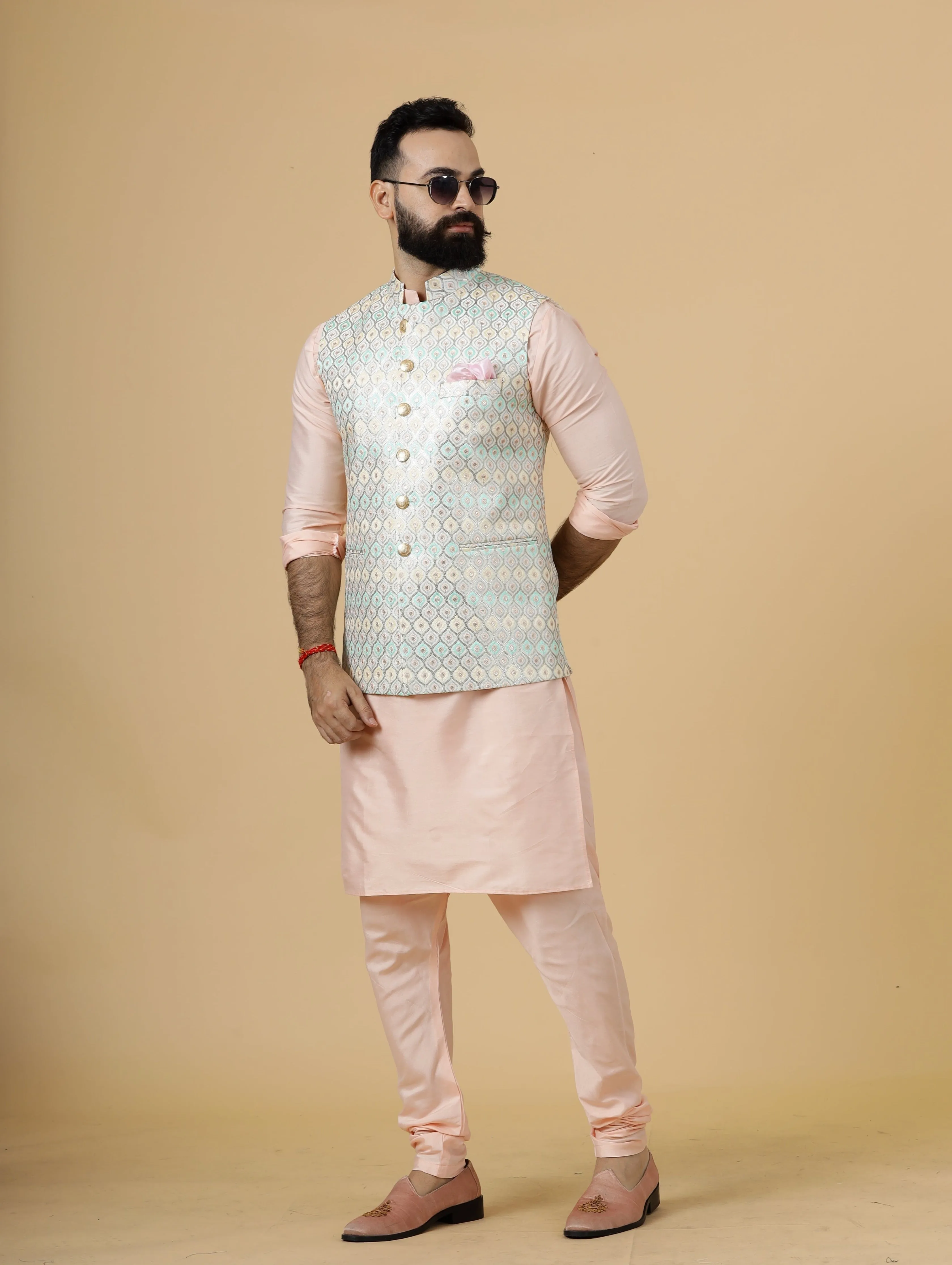 Classy Ivory Thread Embroidered Silk Half Jodhpuri Jacket with Peach Kurta-Pajama for Men