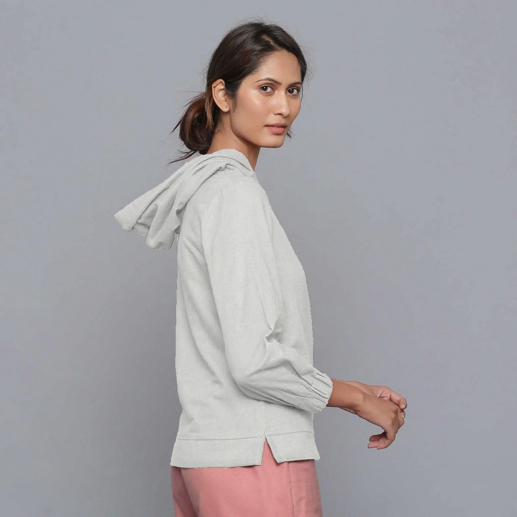 Cloudy Grey Warm Cotton Flannel Hoodie Top