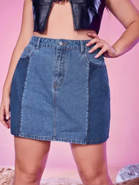 Colorblock Zipper High Waist Mini Plus Size Denim Skirt