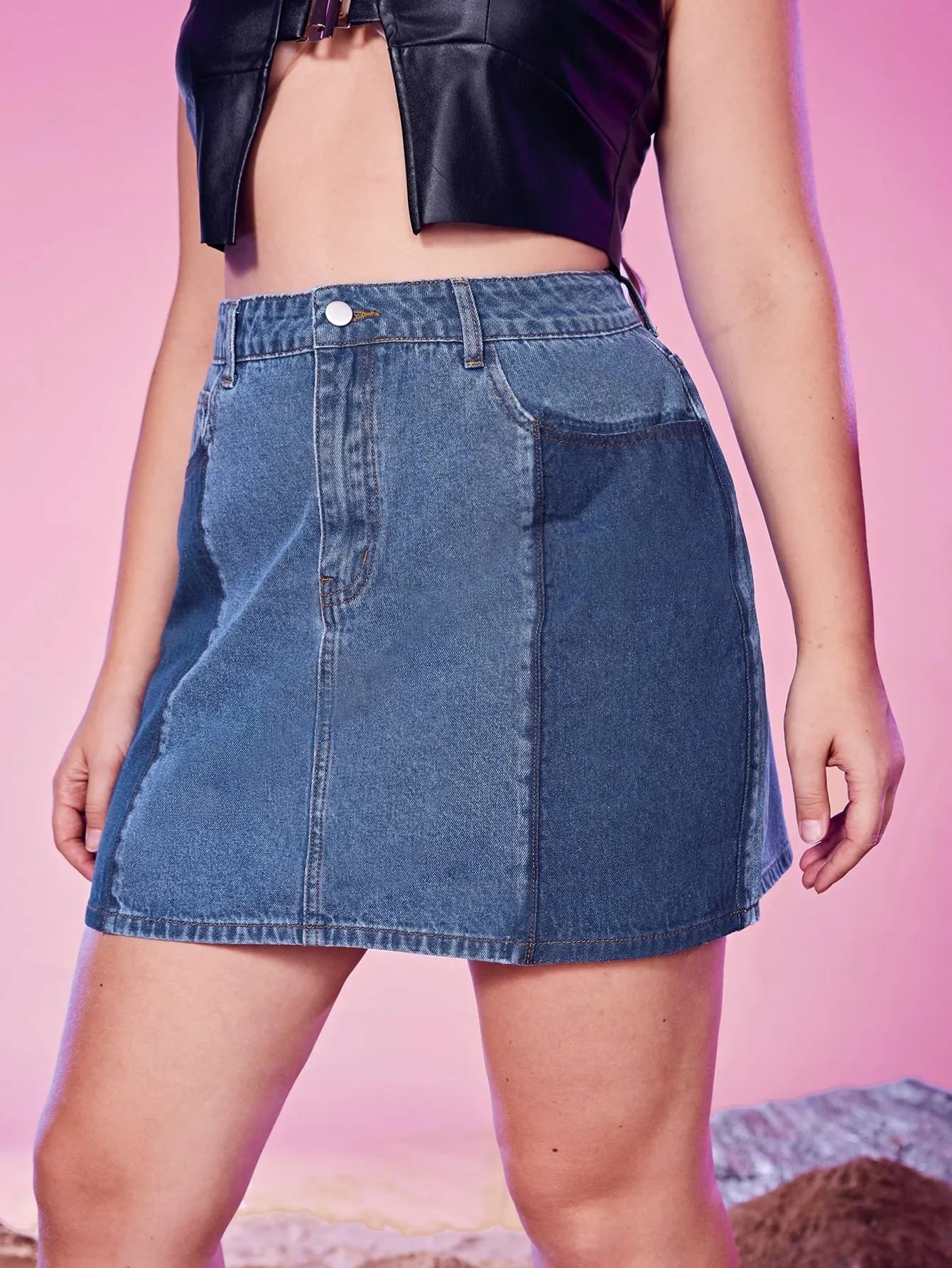 Colorblock Zipper High Waist Mini Plus Size Denim Skirt