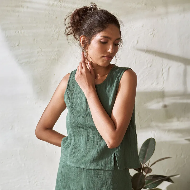 Cotton Solid Top For Women | Sleeveless | Round Neck | Green