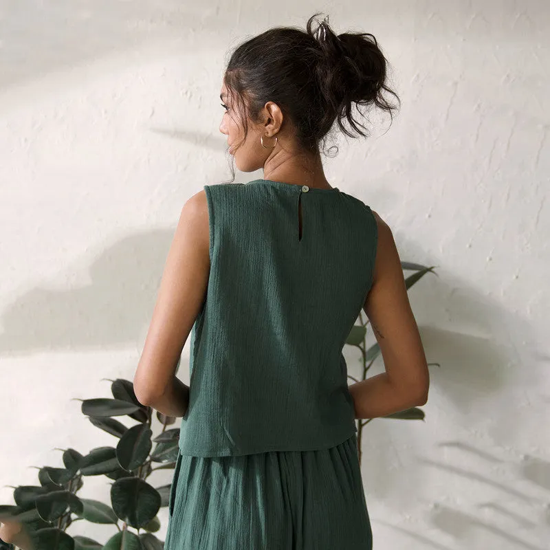 Cotton Solid Top For Women | Sleeveless | Round Neck | Green