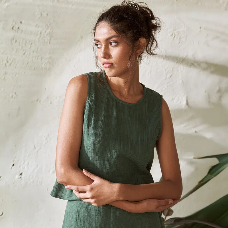 Cotton Solid Top For Women | Sleeveless | Round Neck | Green