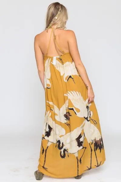 Cranes of Heaven Maxi Dress - Mustard