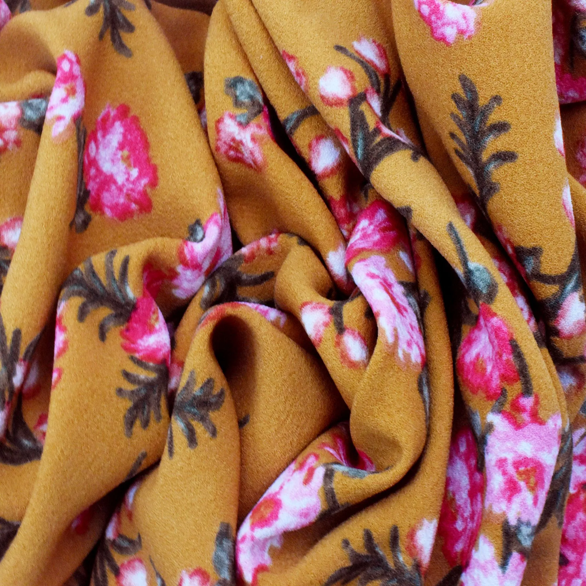 Curry Brown-Pink-Green-Multi Floral Printed Crepe Momie Fabric