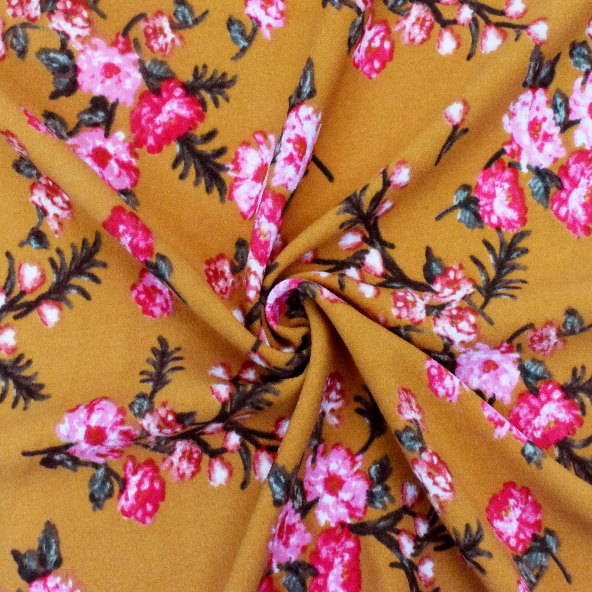 Curry Brown-Pink-Green-Multi Floral Printed Crepe Momie Fabric