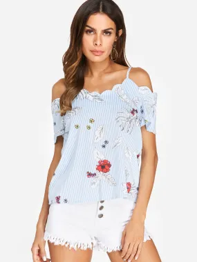 Custom Cold Shoulder Stripe Floral Print Spaghetti Strap Short Sleeve Blue Blouses