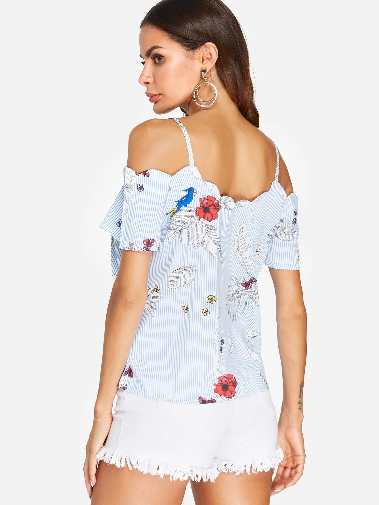 Custom Cold Shoulder Stripe Floral Print Spaghetti Strap Short Sleeve Blue Blouses