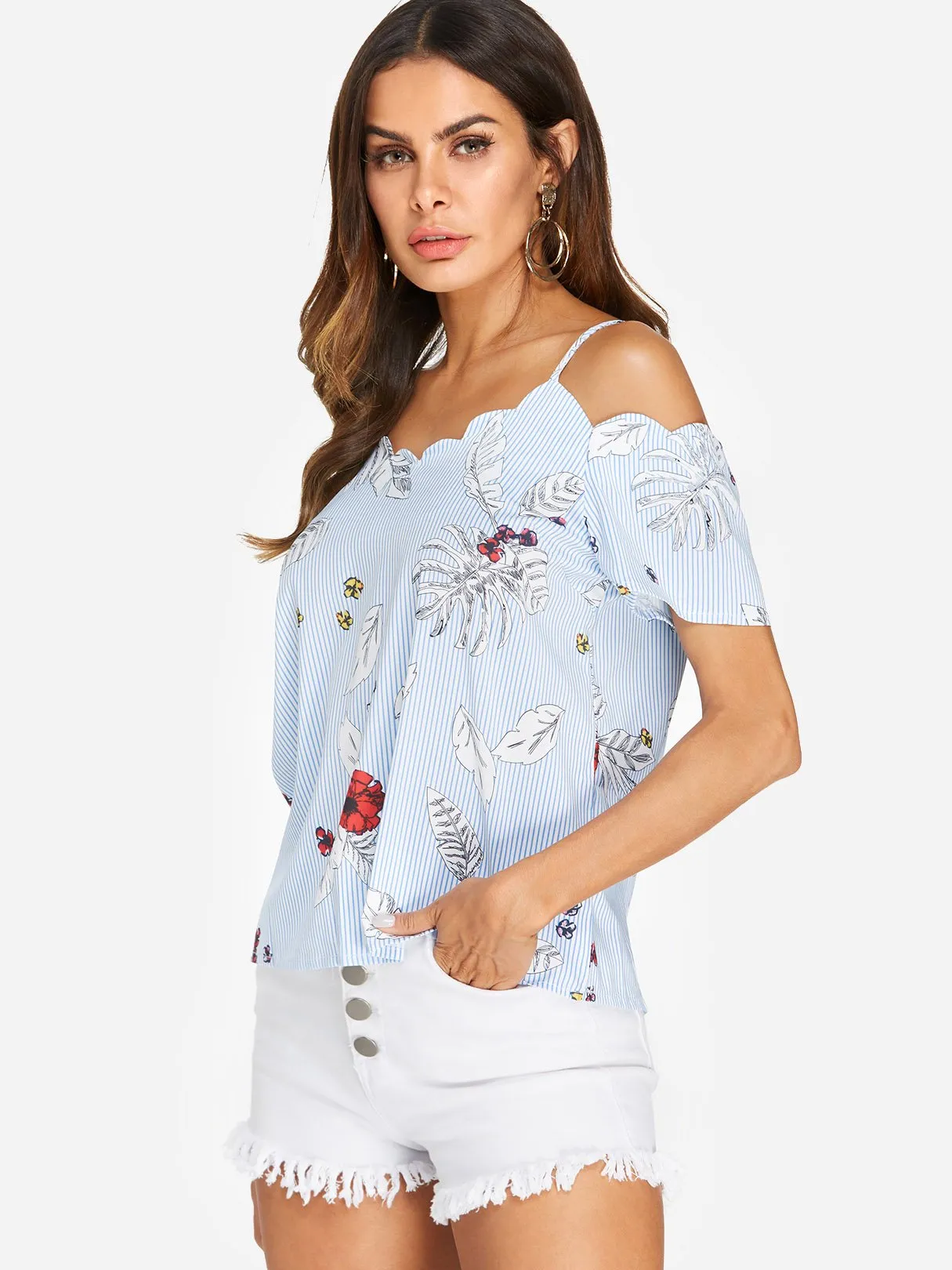 Custom Cold Shoulder Stripe Floral Print Spaghetti Strap Short Sleeve Blue Blouses