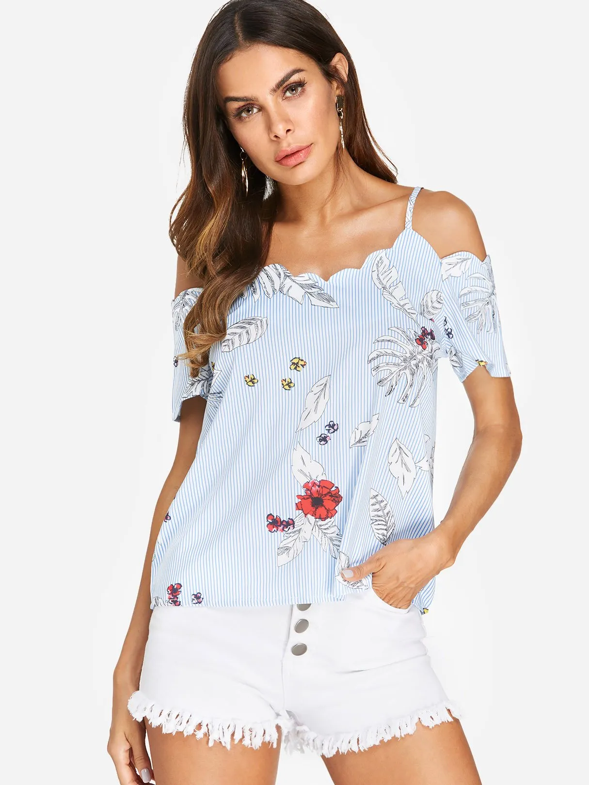 Custom Cold Shoulder Stripe Floral Print Spaghetti Strap Short Sleeve Blue Blouses