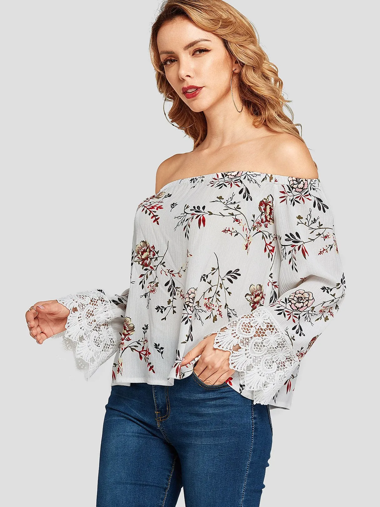 Custom Floral Print Lace Insert Long Sleeve White Blouses