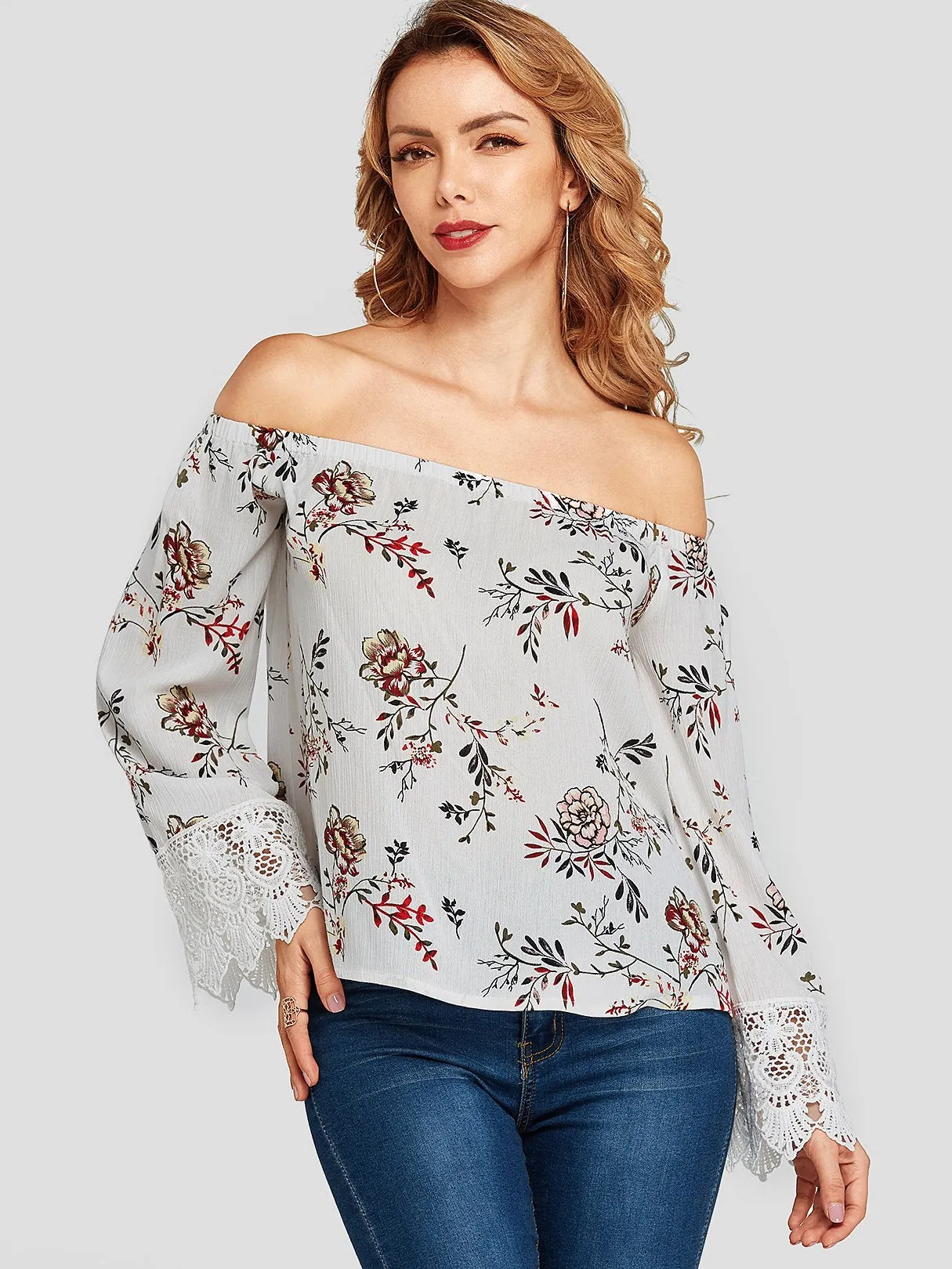 Custom Floral Print Lace Insert Long Sleeve White Blouses