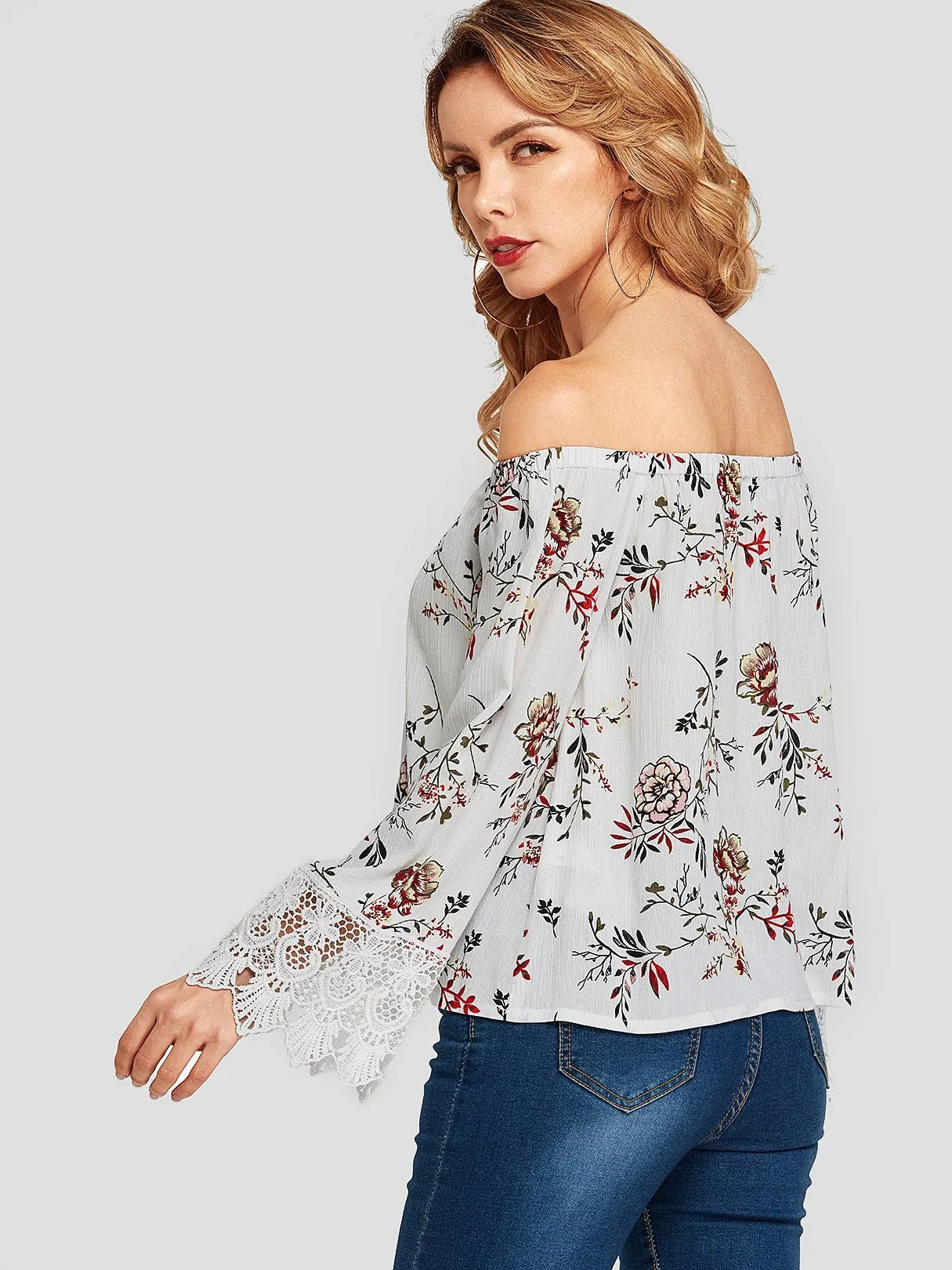 Custom Floral Print Lace Insert Long Sleeve White Blouses