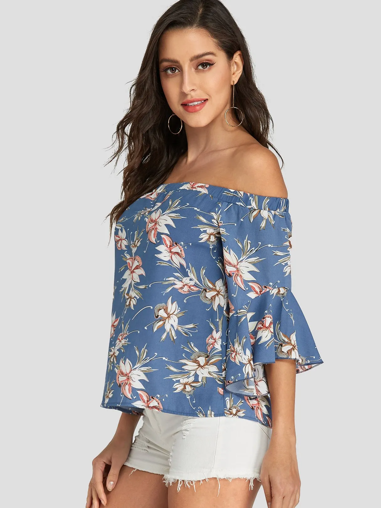 Custom Off The Shoulder Floral Print 3/4 Sleeve Blue Blouses