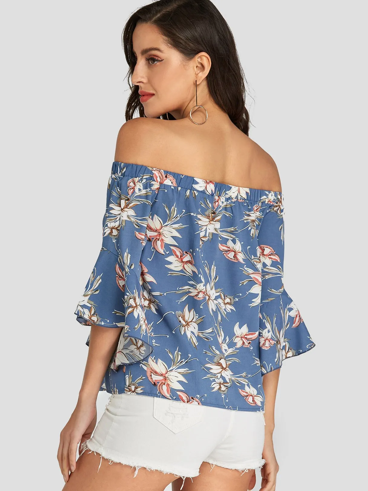 Custom Off The Shoulder Floral Print 3/4 Sleeve Blue Blouses