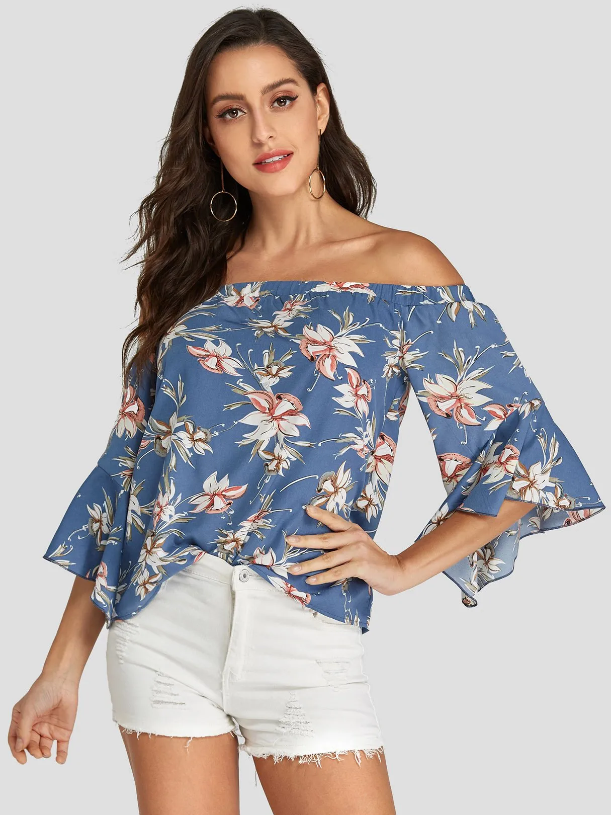 Custom Off The Shoulder Floral Print 3/4 Sleeve Blue Blouses