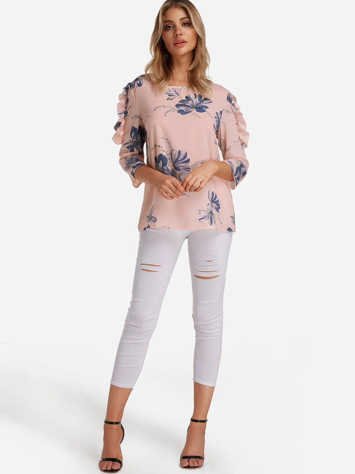 Custom Round Neck Floral Print Long Sleeve Blouses