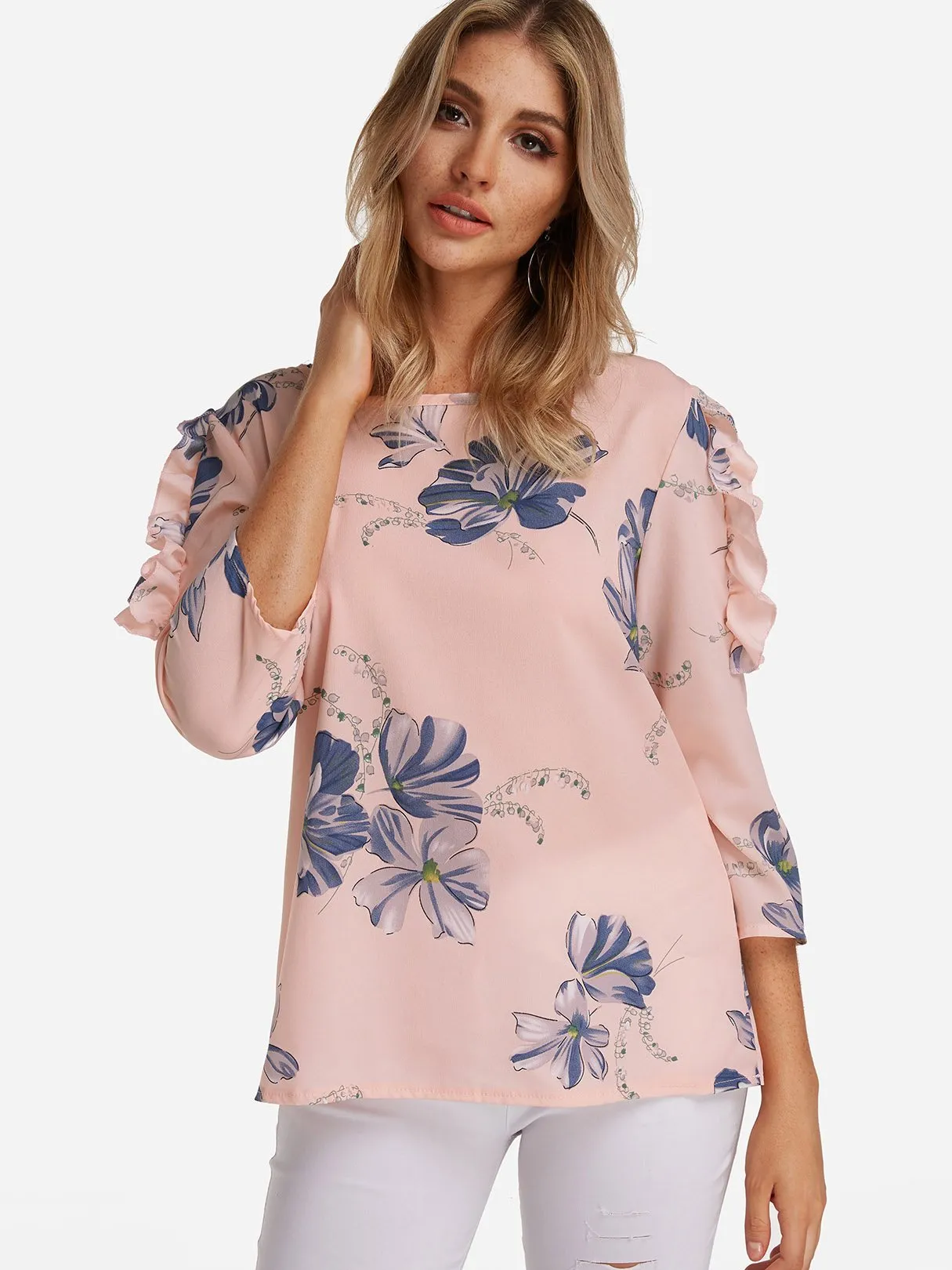 Custom Round Neck Floral Print Long Sleeve Blouses