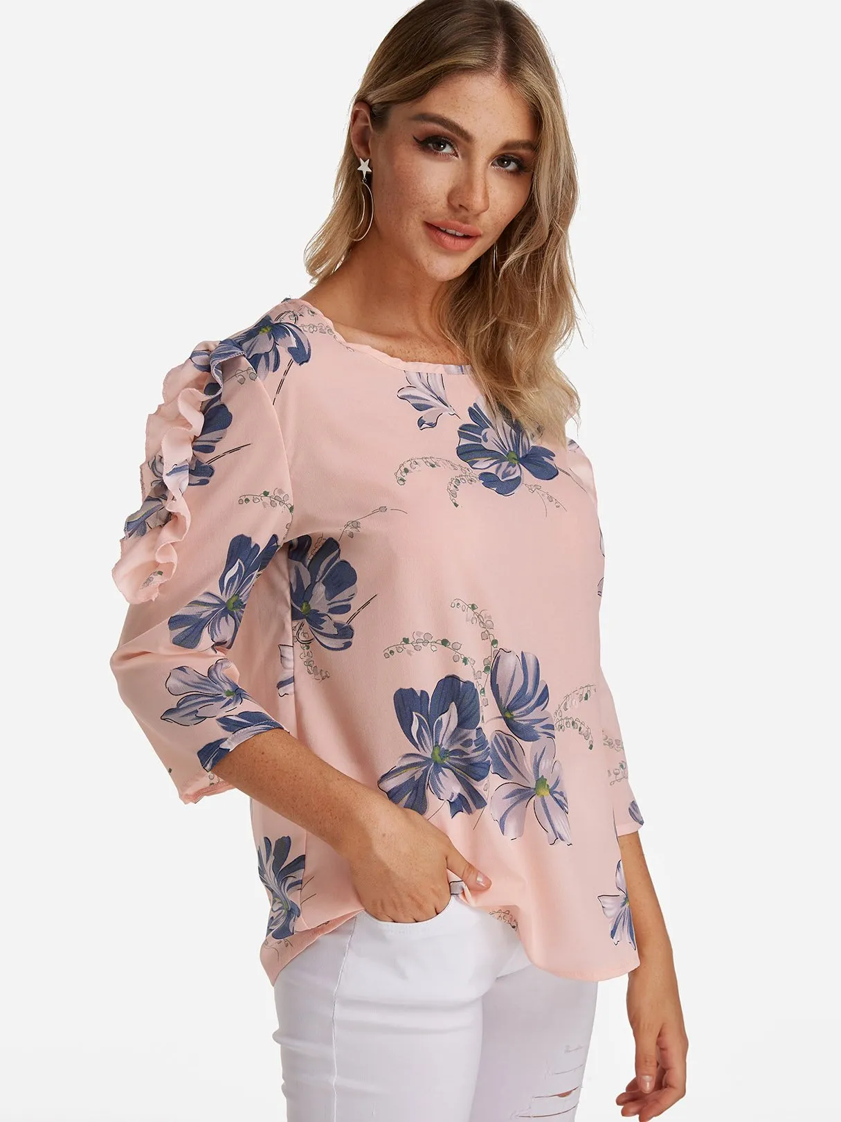 Custom Round Neck Floral Print Long Sleeve Blouses