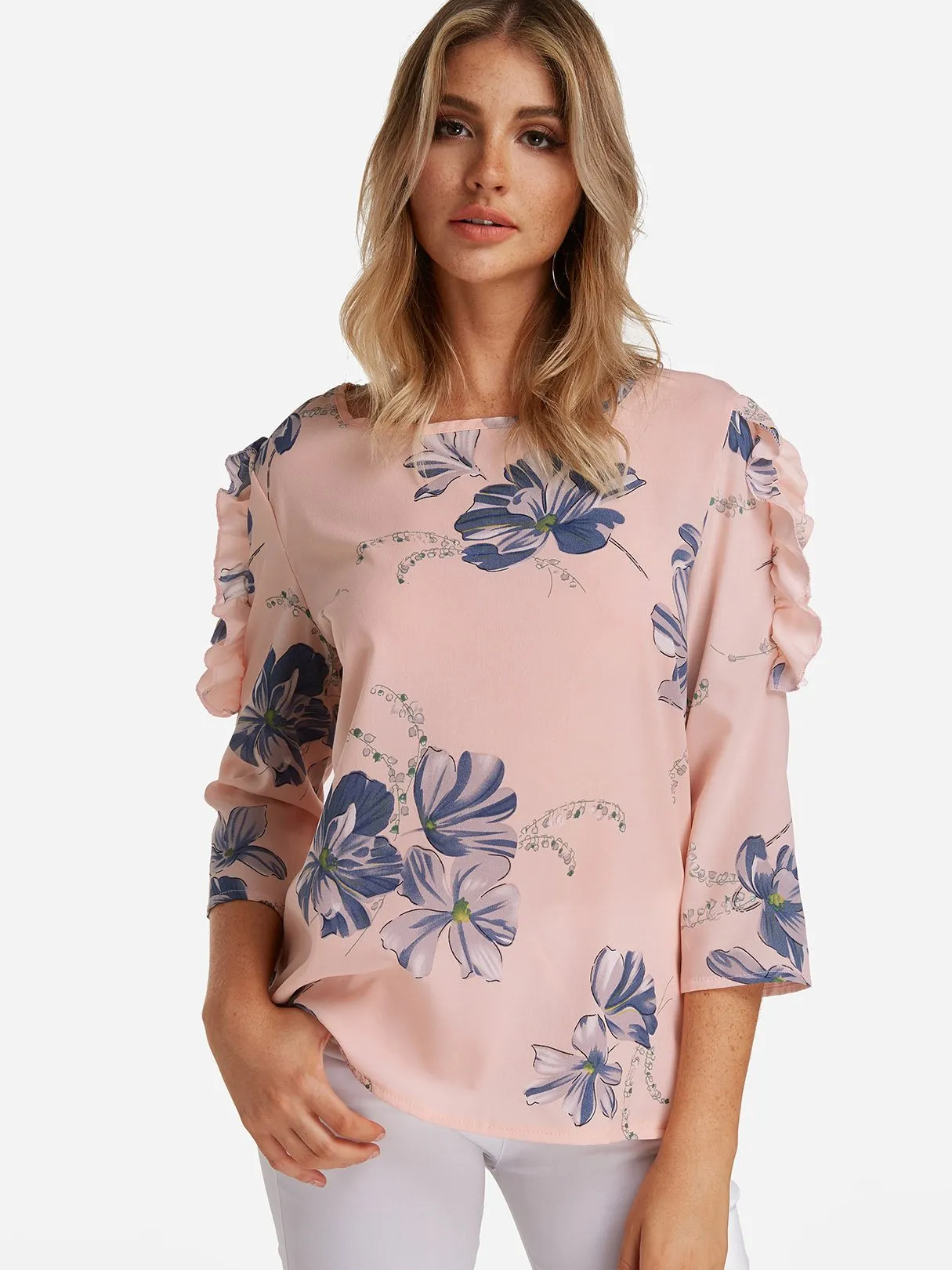 Custom Round Neck Floral Print Long Sleeve Blouses