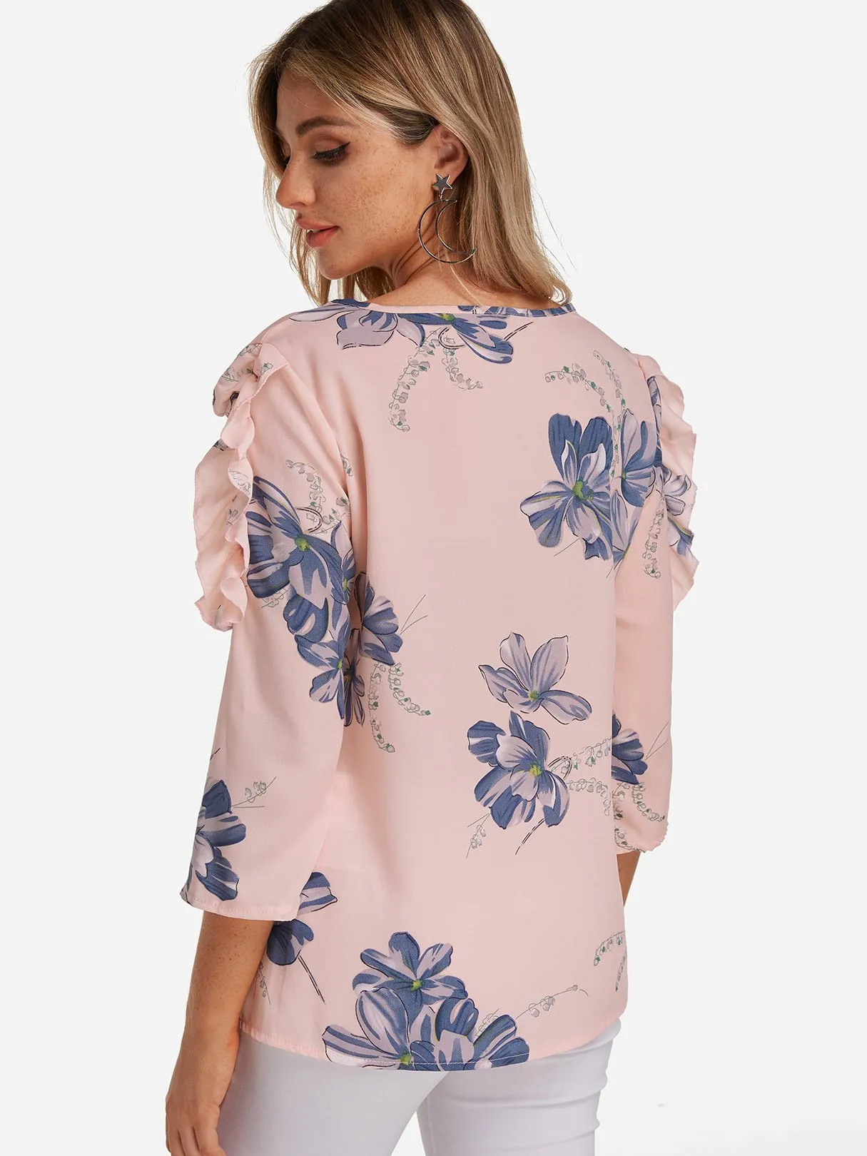 Custom Round Neck Floral Print Long Sleeve Blouses